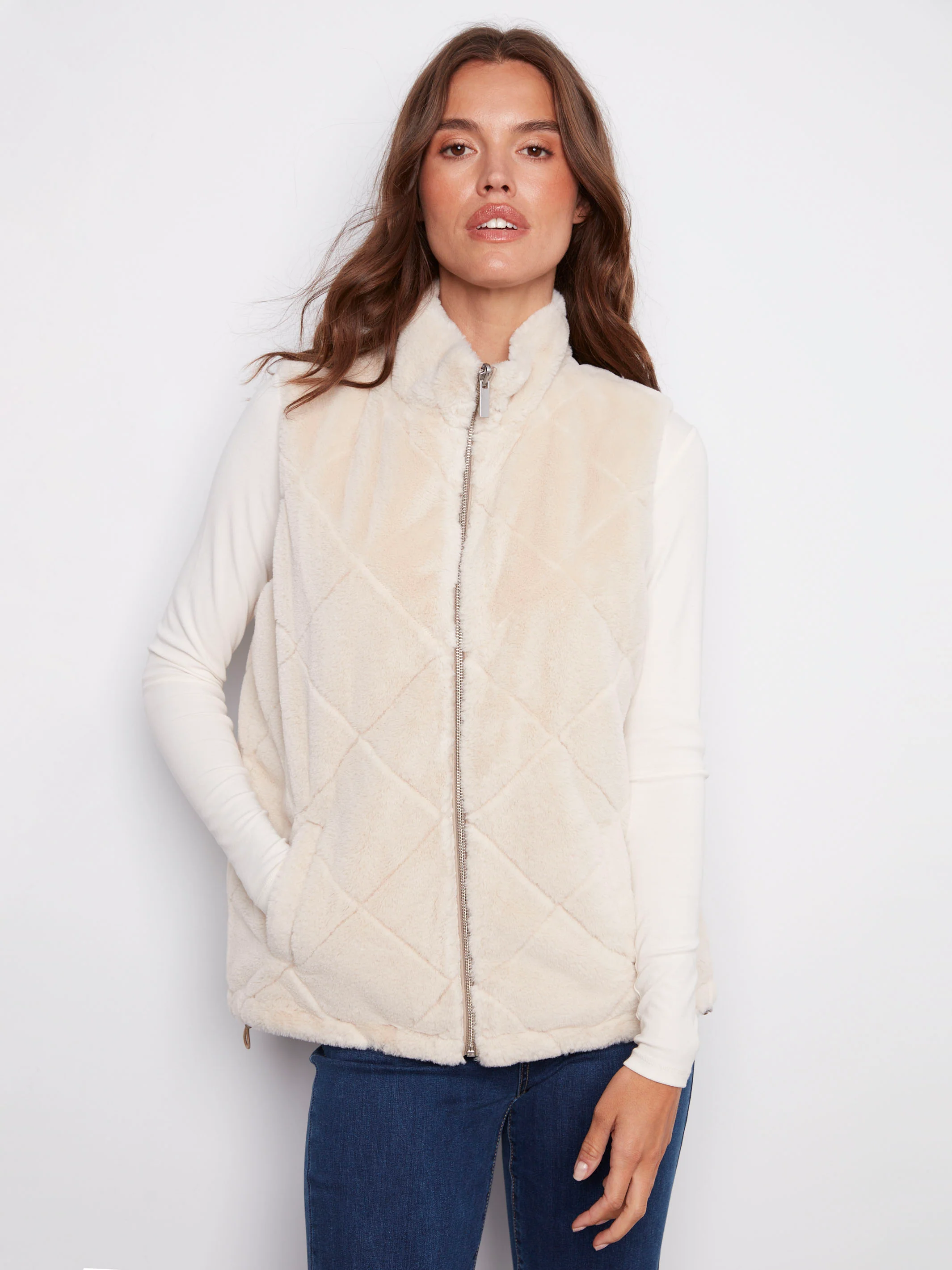 Reversible Quilted Faux Fur Vest - Greige - WHSBYS