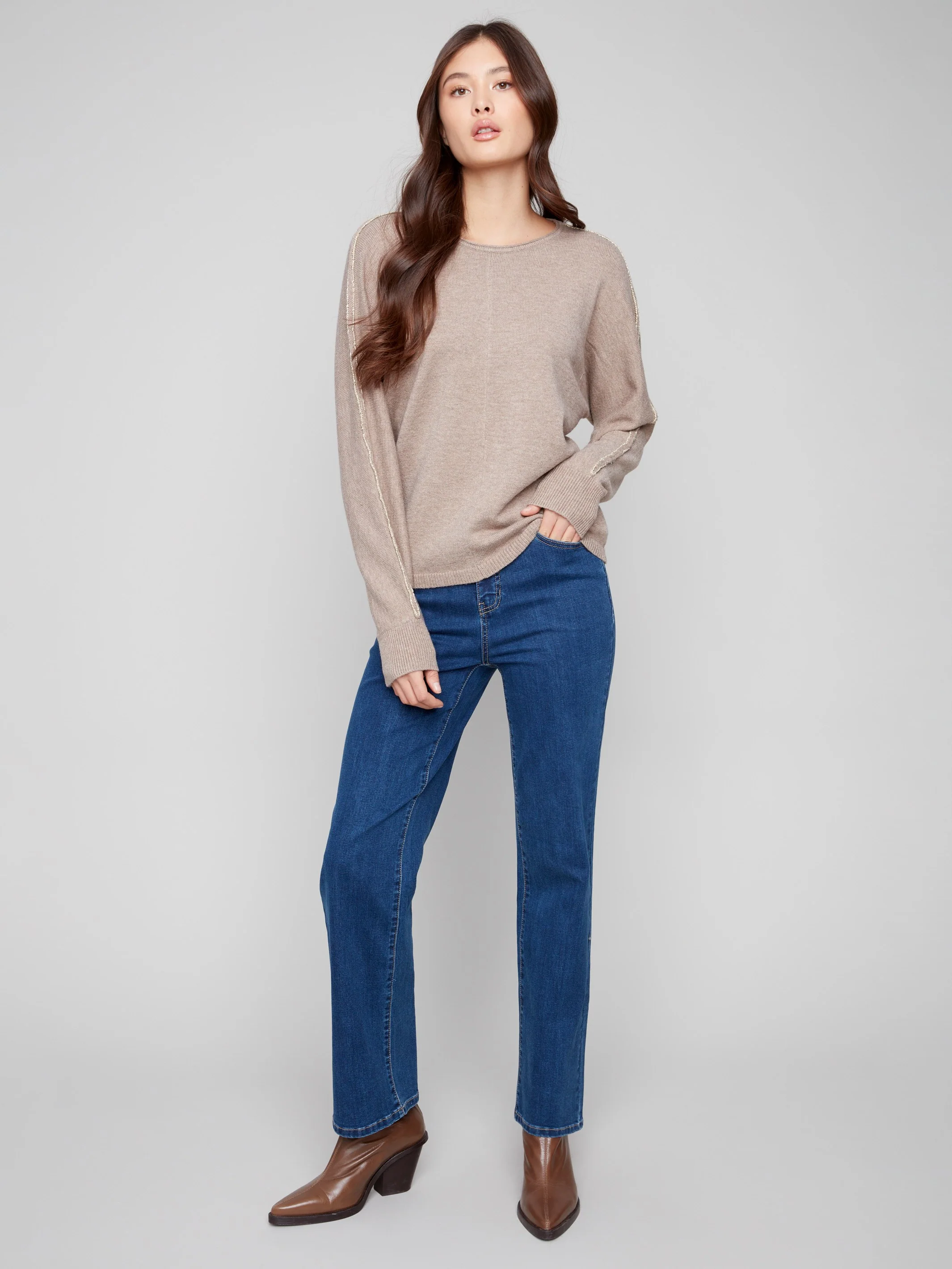 Sweater With Metallic Sleeve Detail - Heather Taupe - WHSBYS