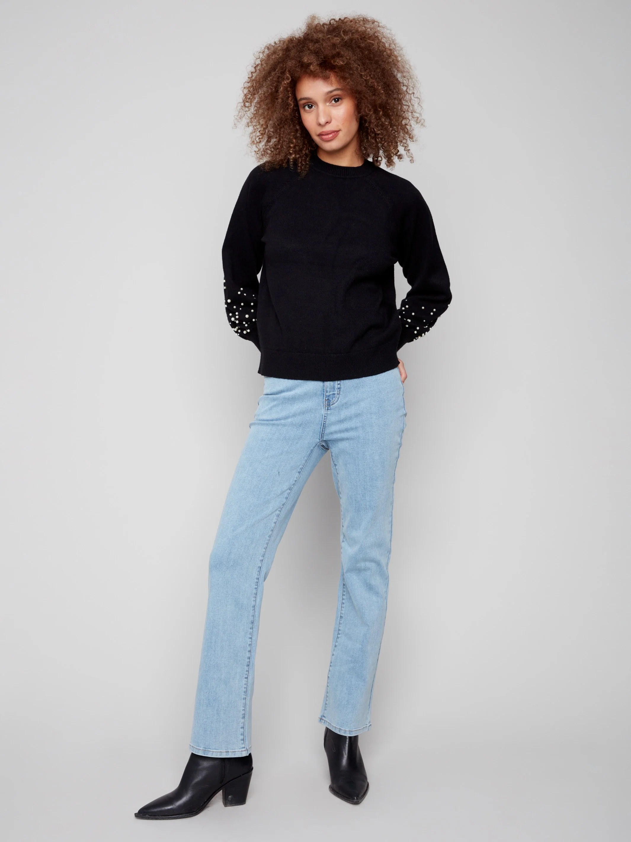 Crew Neck Sweater With Pearl Details - Black - WHSBYS