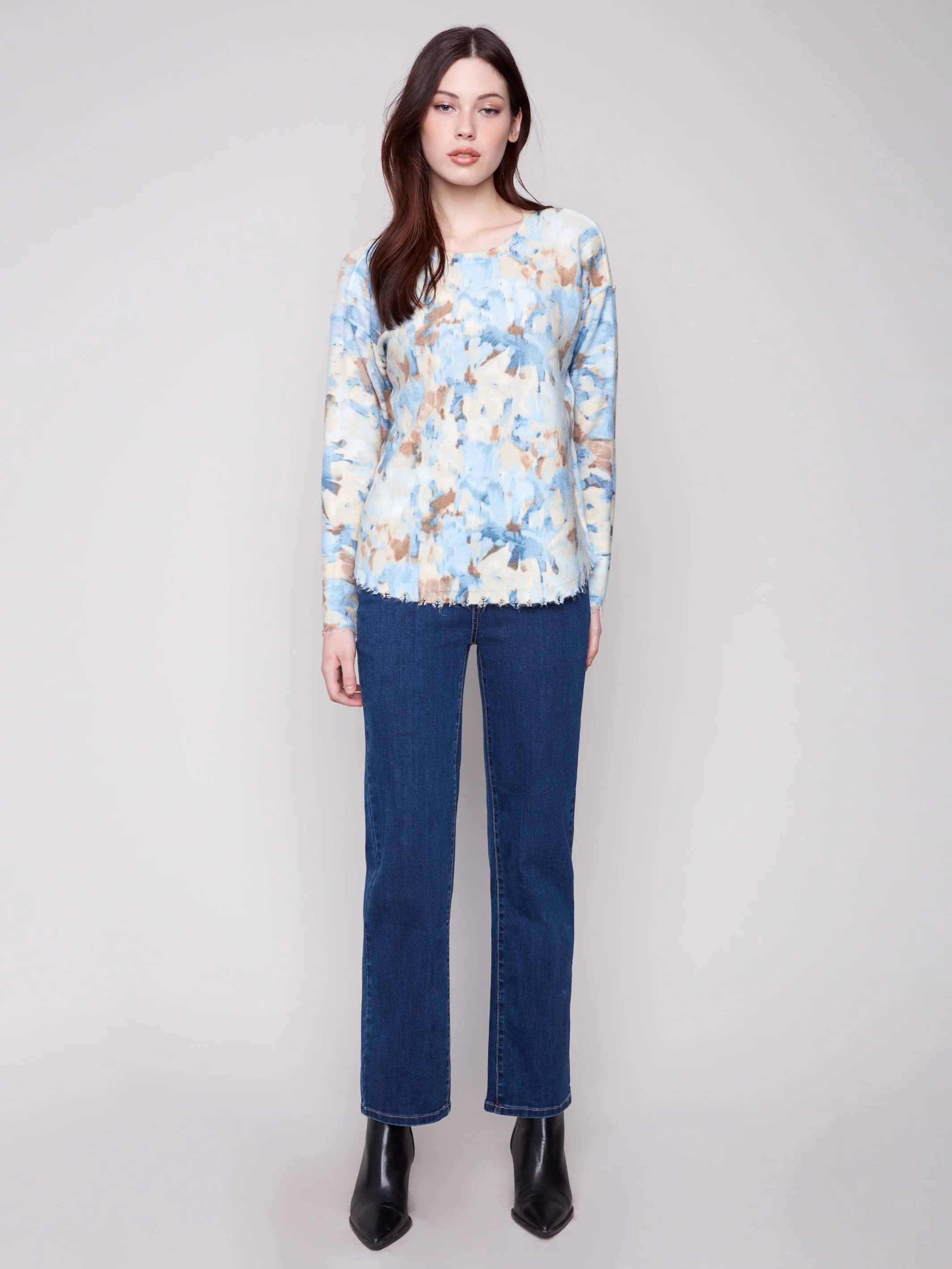 Reversible Printed Plush Sweater With Frayed Edges - Vapor - WHSBYS