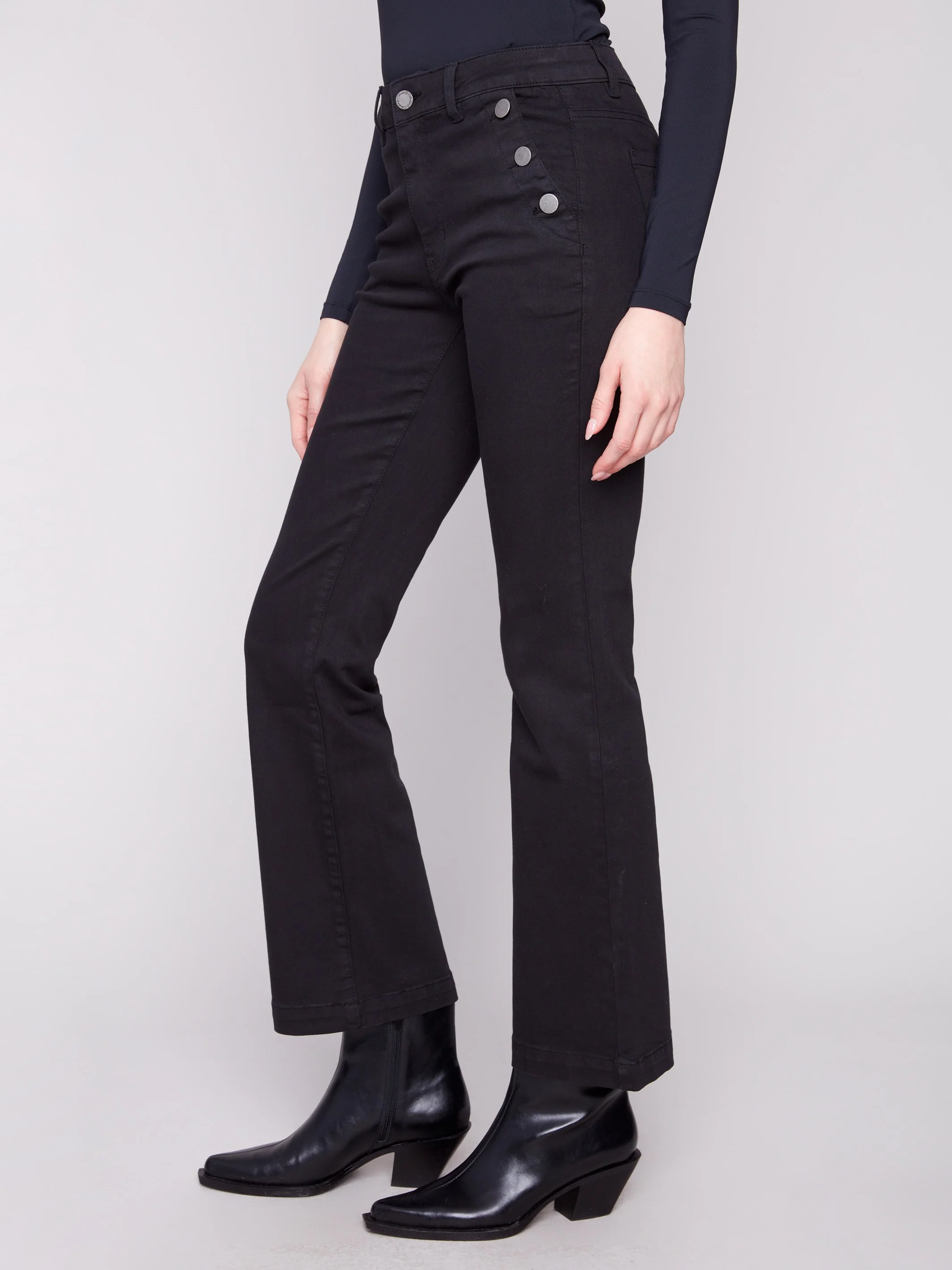 Flare Leg Stretch Twill Pants With Buttons - Black - WHSBYS