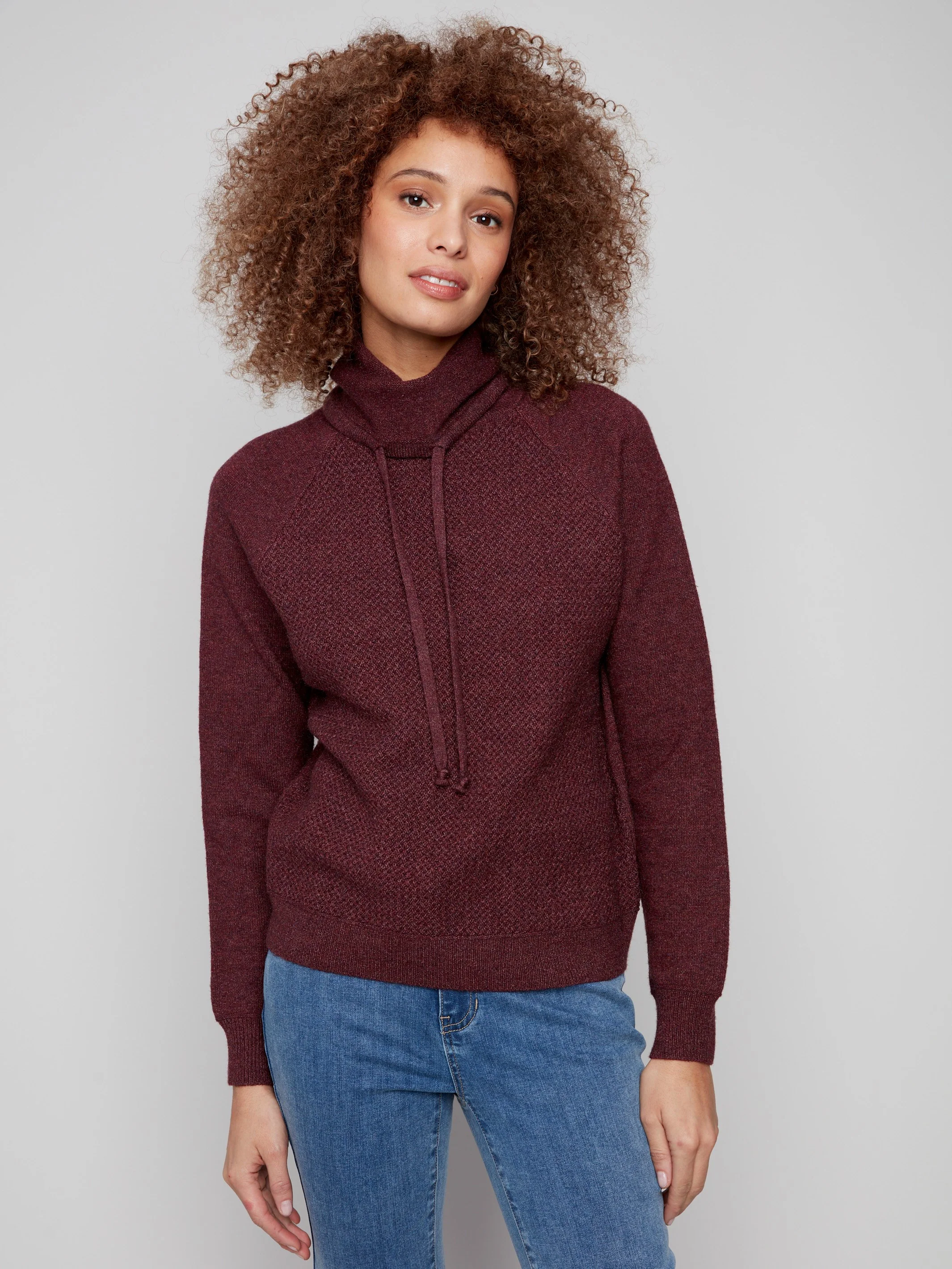 Textured Cowl Neck Knit Sweater - Heather Cabernet - WHSBYS