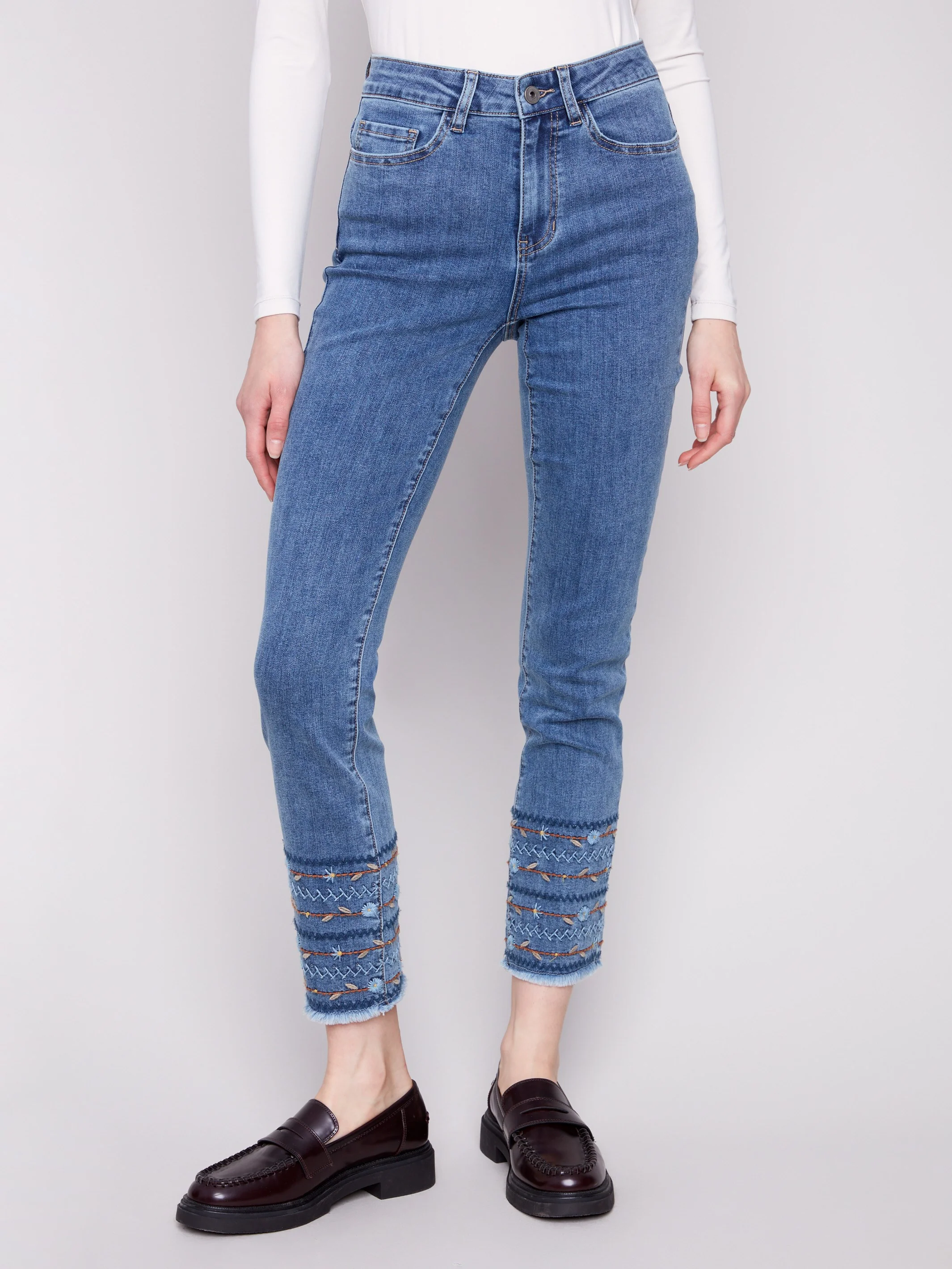 Embroidered Hem Jeans - Medium Blue - WHSBYS