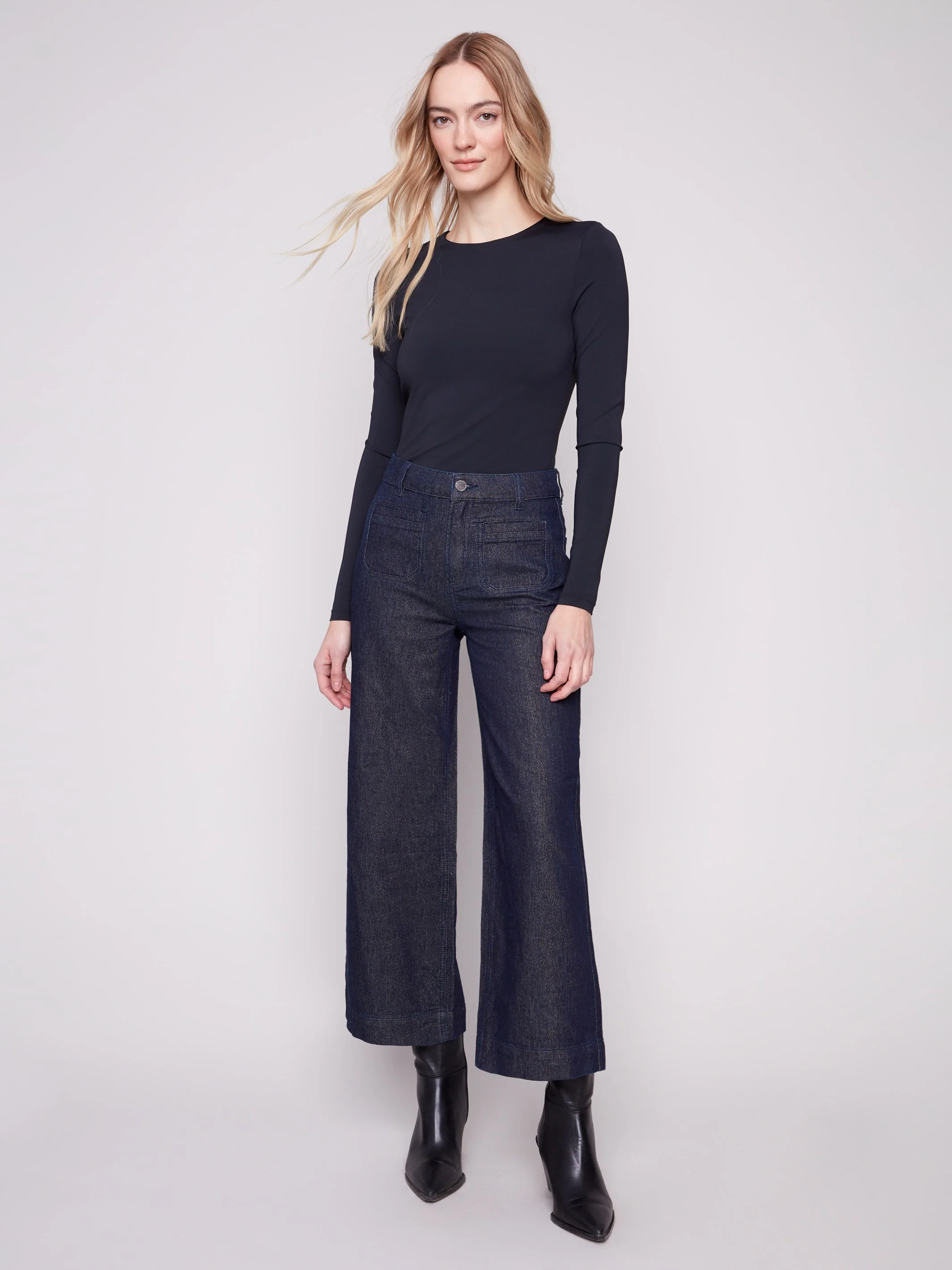 Metallic Patch Pocket Flare Jeans - Blue Black - WHSBYS
