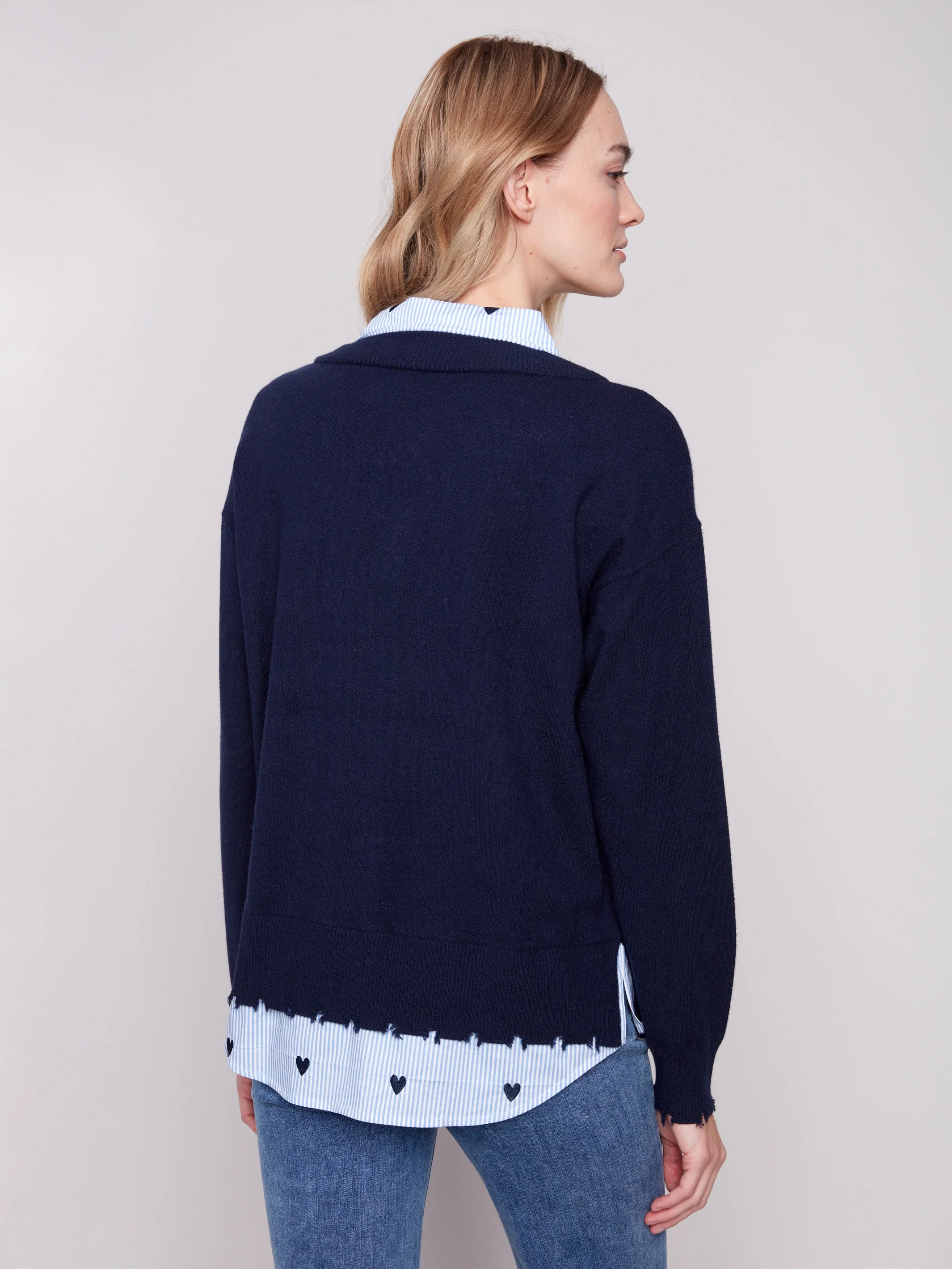 V-Neck Fooler Sweater With Embroidered Shirt Collar - Navy - WHSBYS