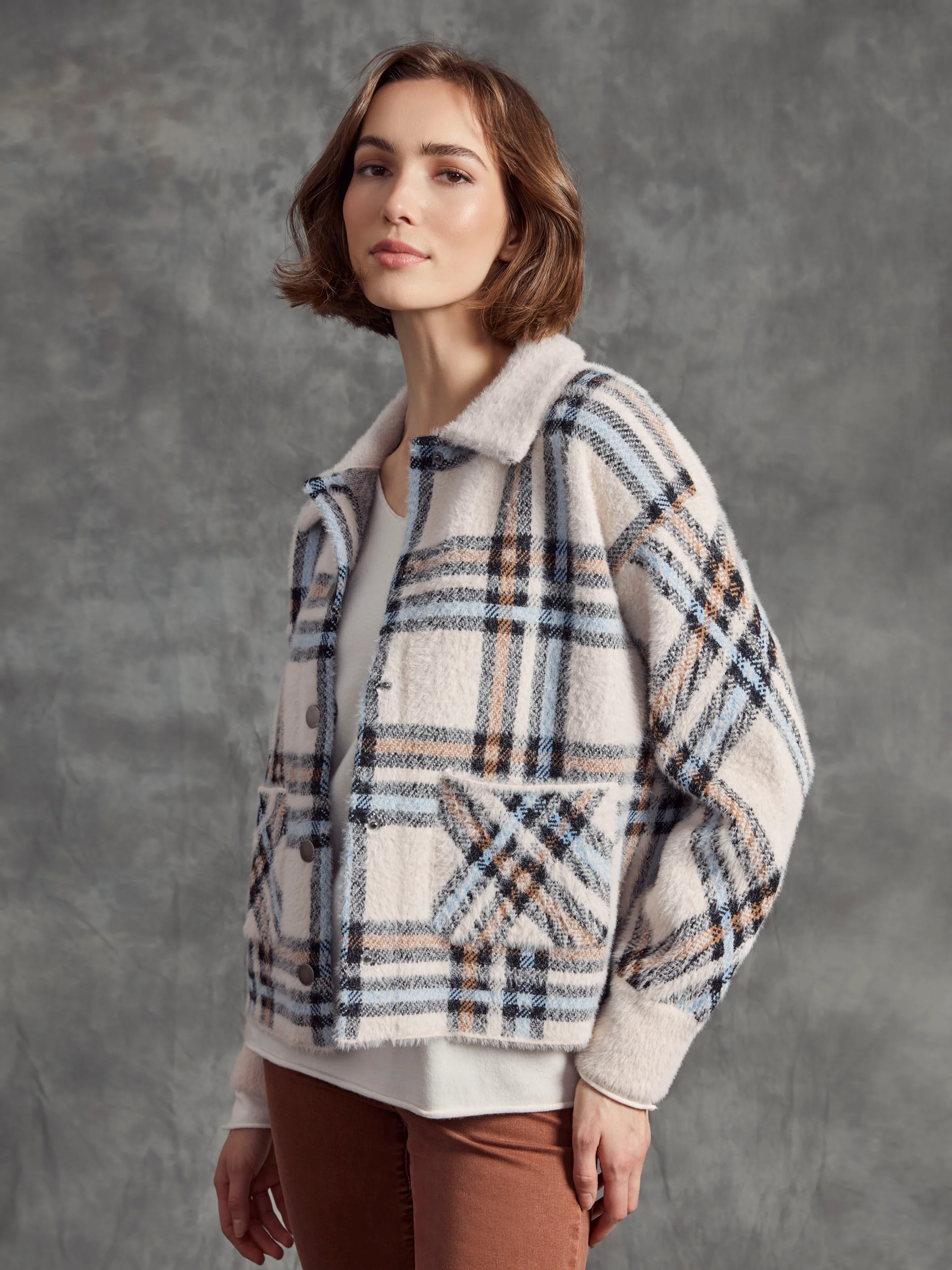 Short Plaid Knit Jacket - Ecru - WHSBYS