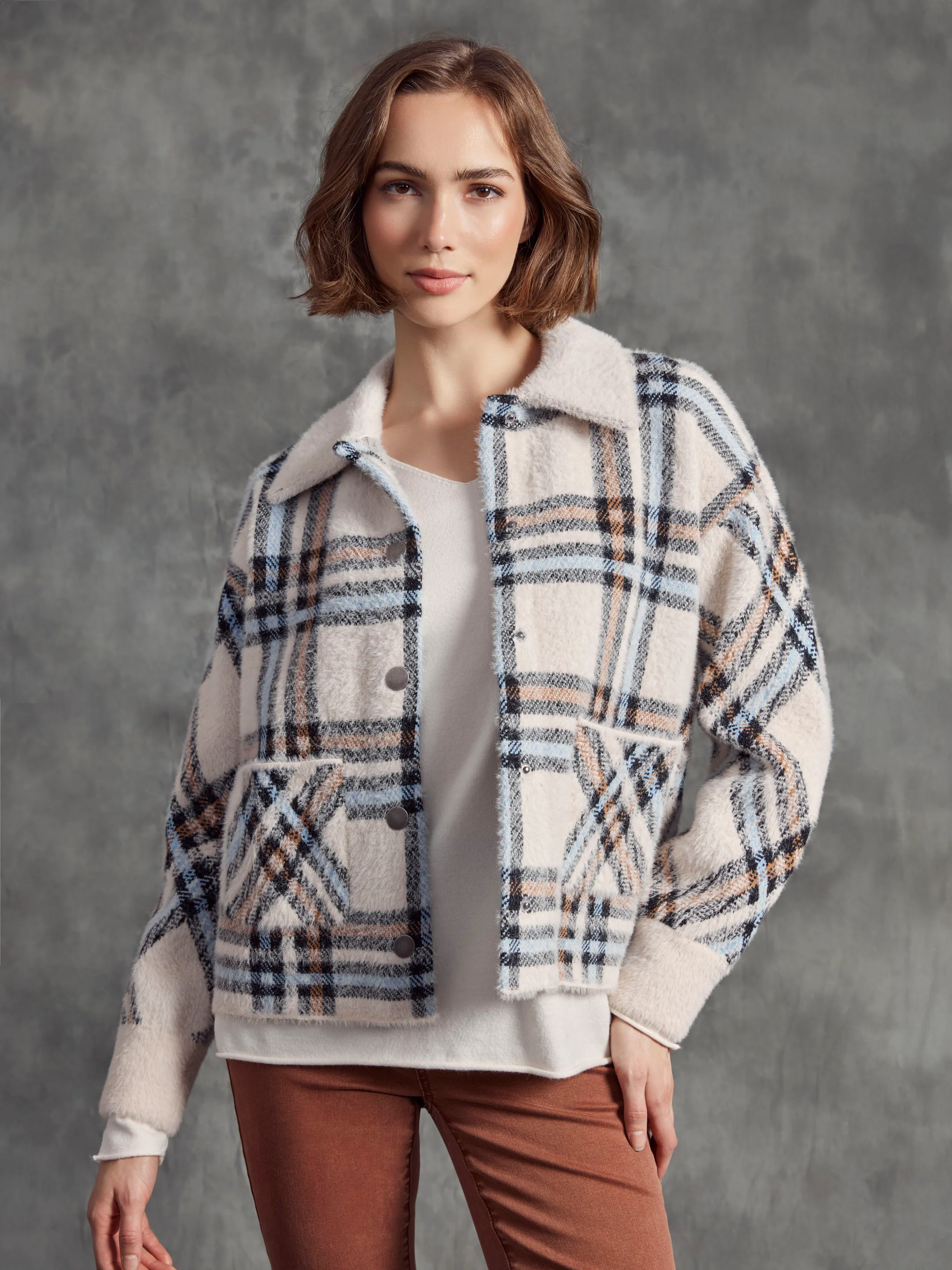 Short Plaid Knit Jacket - Ecru - WHSBYS