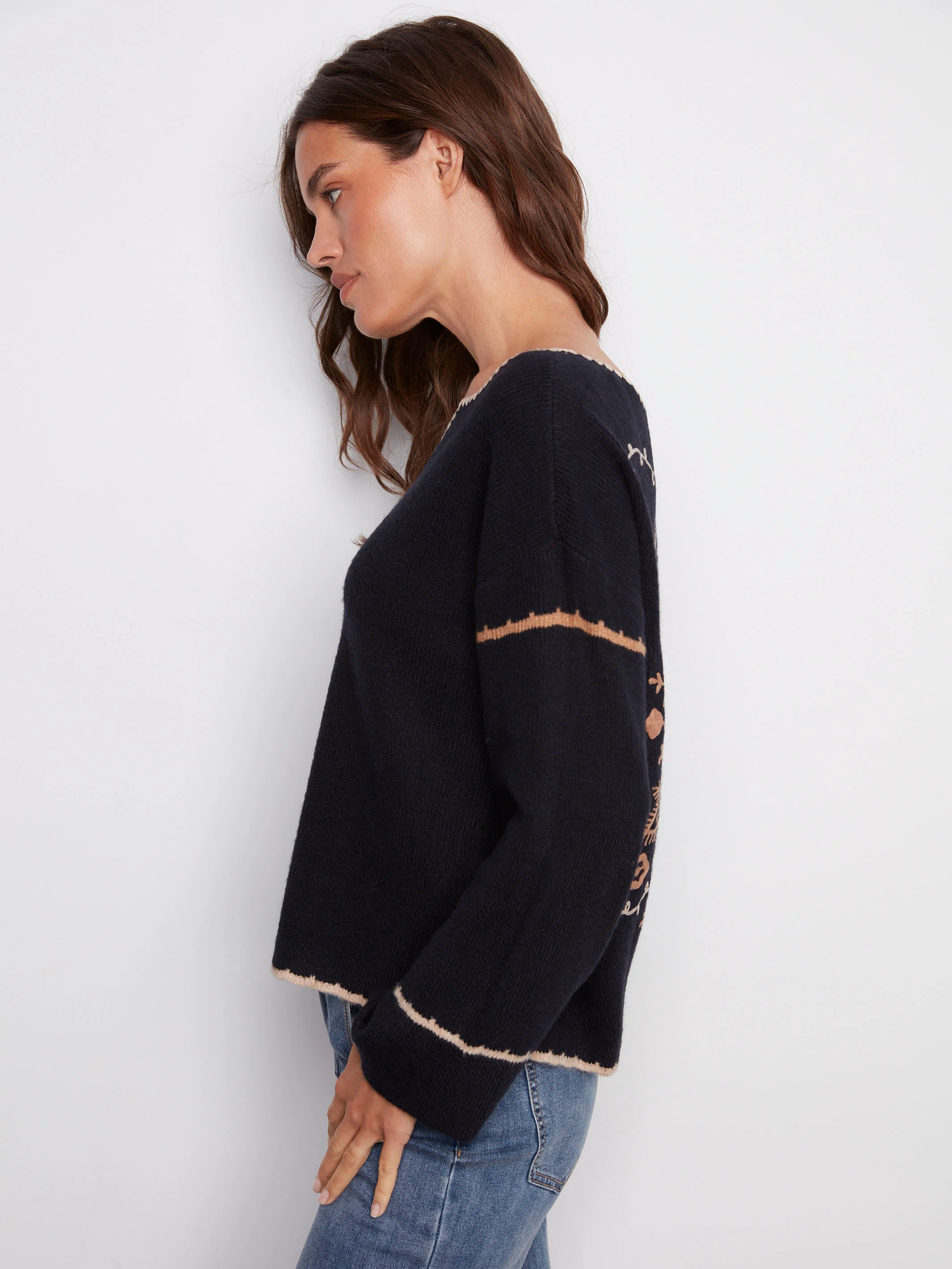 Embroidered Ribbed Sweater With Notch Neck - Navy - WHSBYS