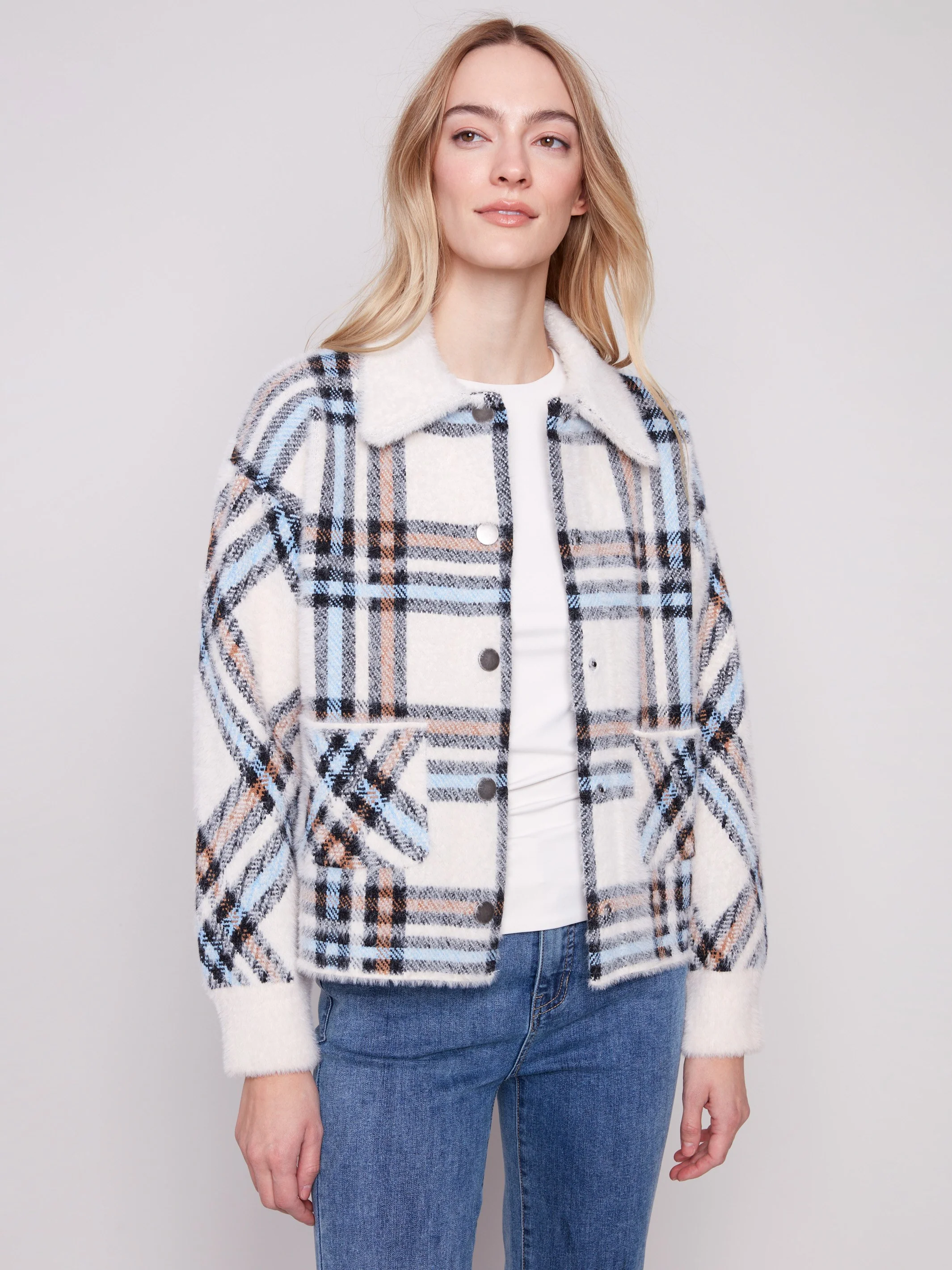 Short Plaid Knit Jacket - Ecru - WHSBYS