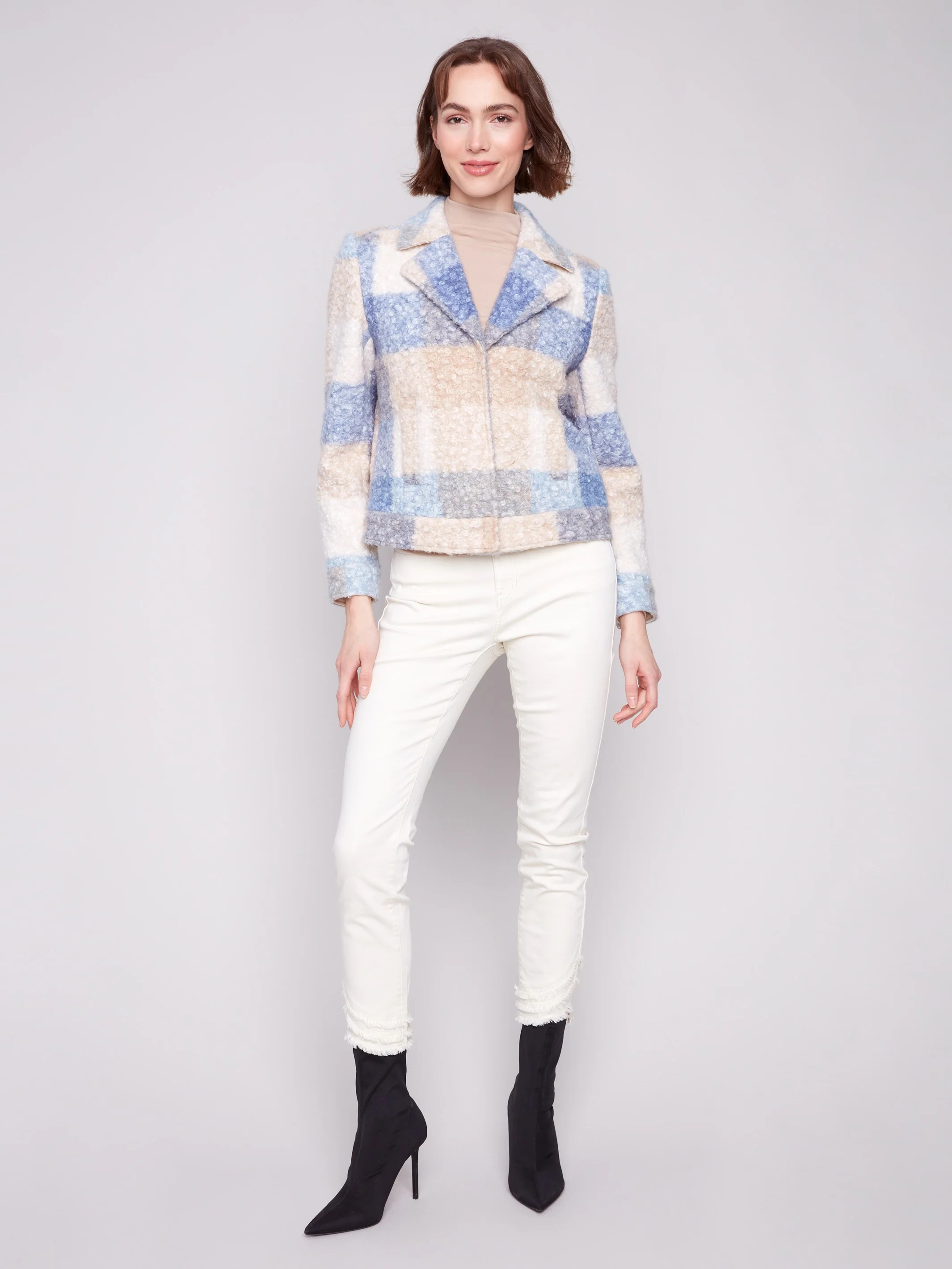 Plaid Bouclé Knit Short Coat - Oxford - WHSBYS