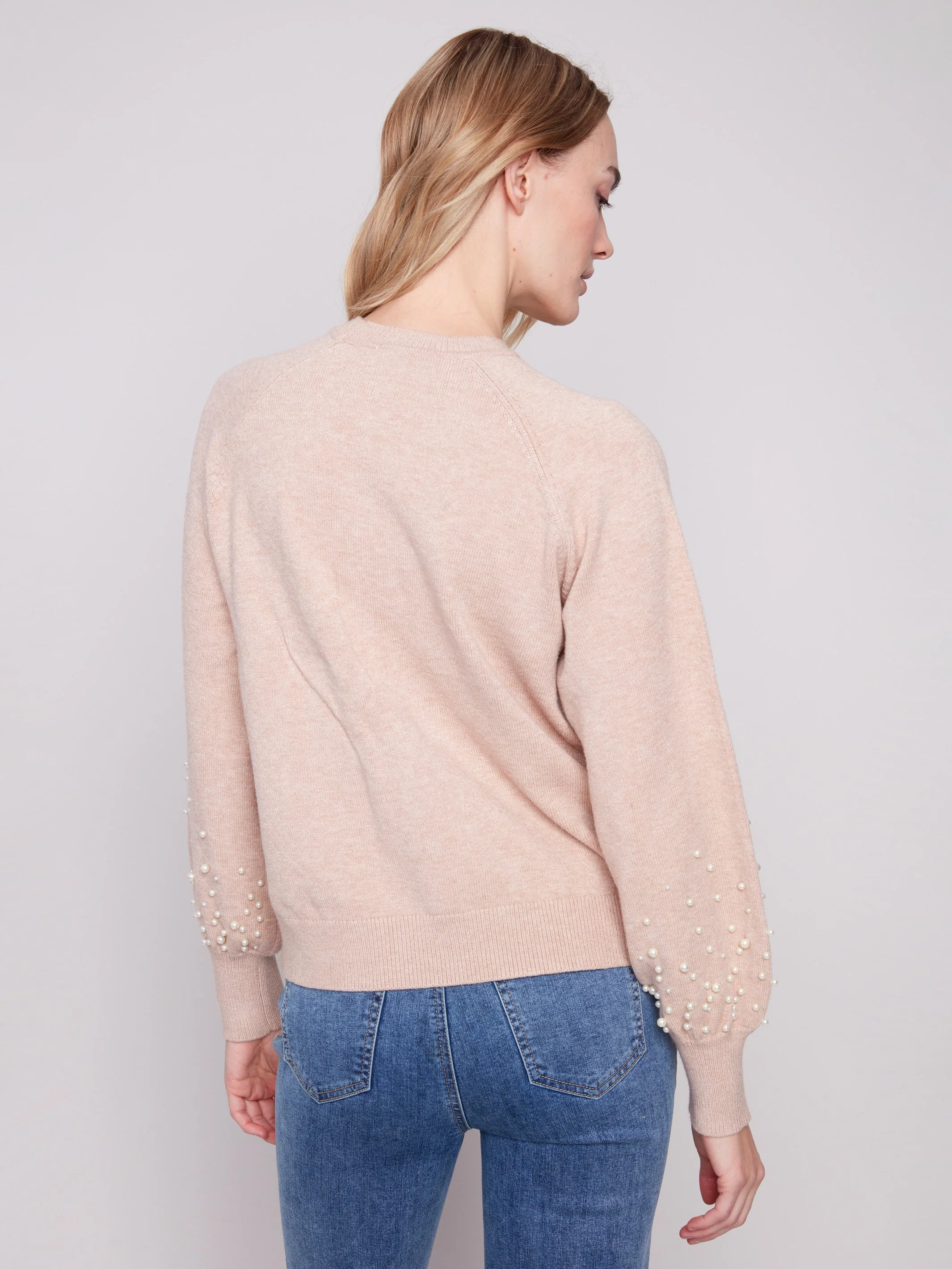 Crew Neck Sweater With Pearl Details - Heather Camel - WHSBYS