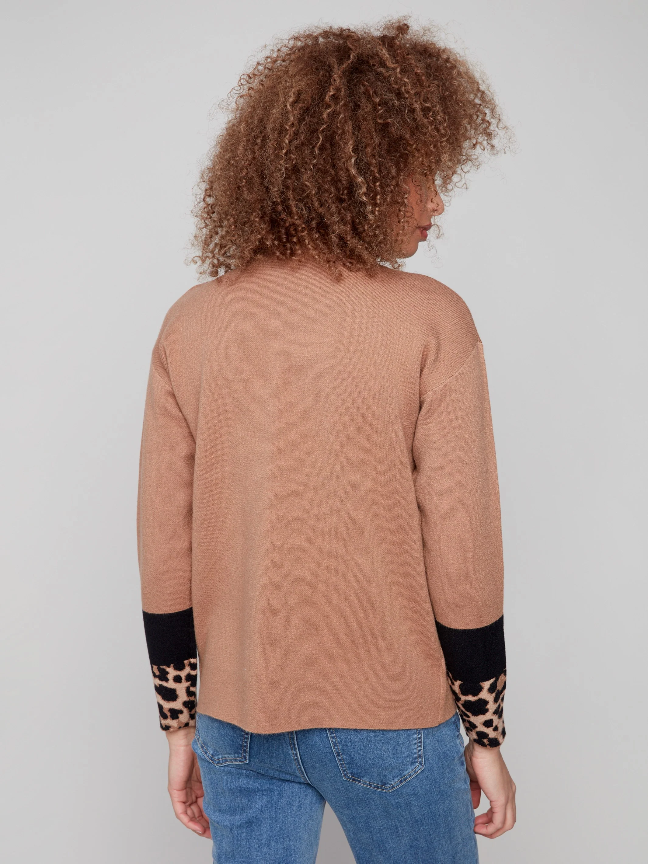 Funnel Sweater With Animal Print Sleeve Detail - Truffle - WHSBYS