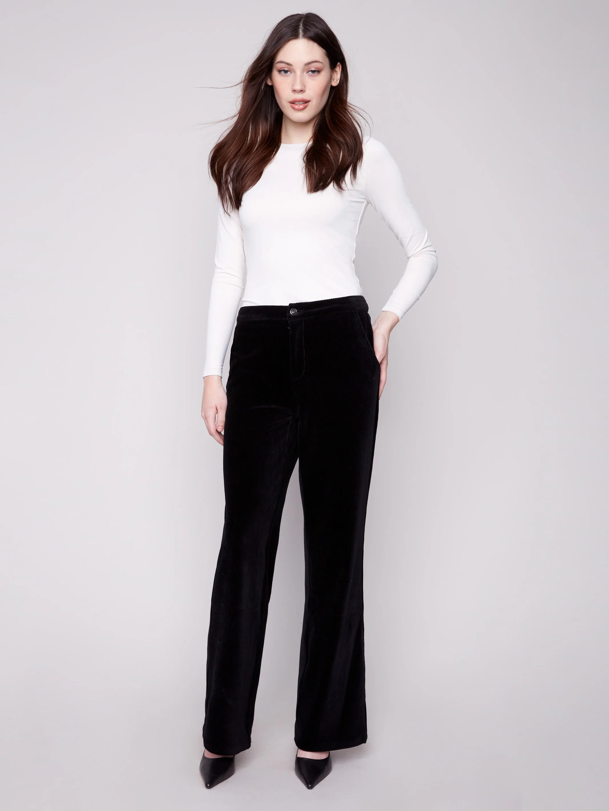 Wide Leg Stretch Corduroy Pants - Black - WHSBYS
