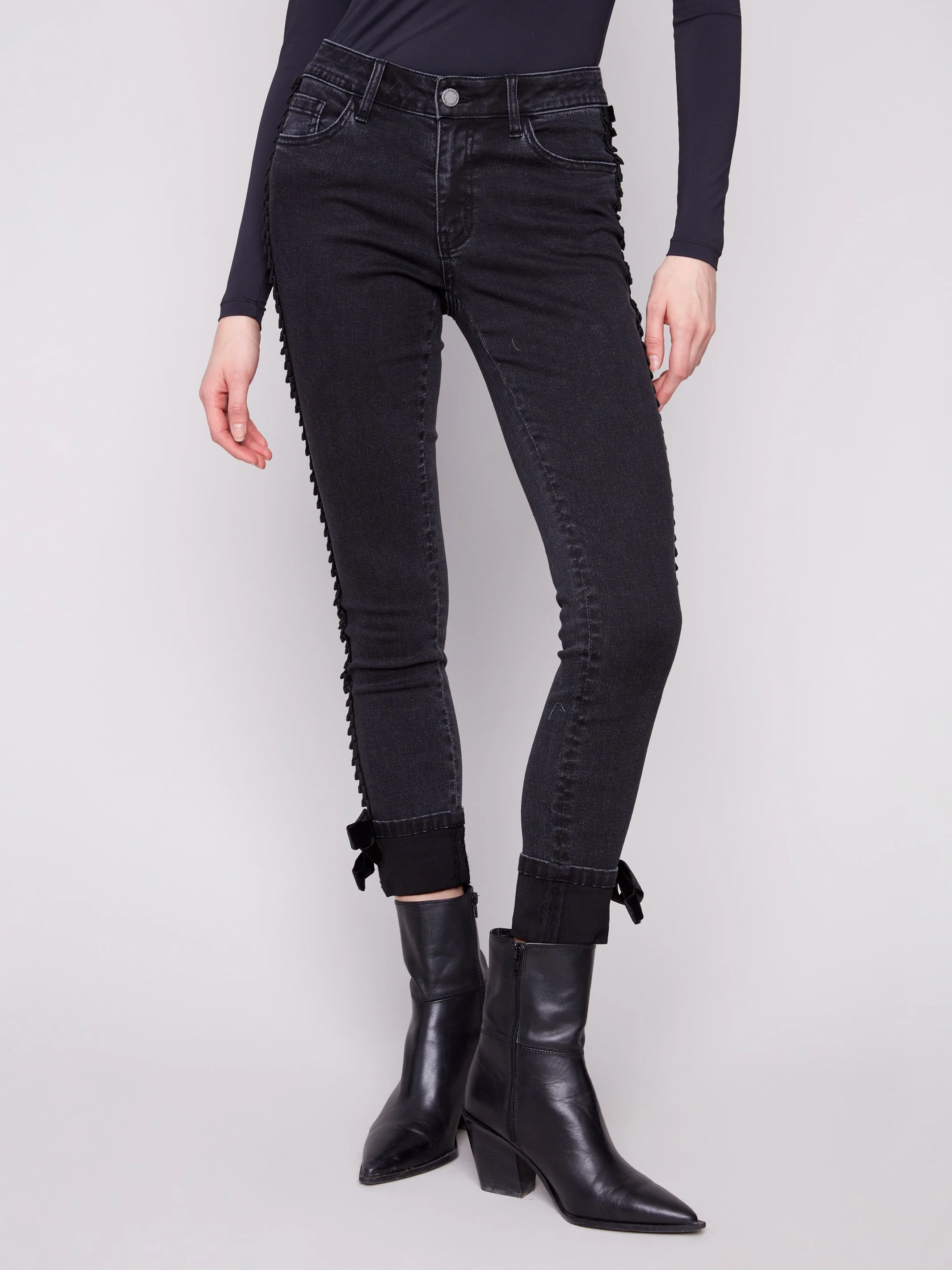 Slim Leg Jeans With Velvet Bow - Charcoal - WHSBYS