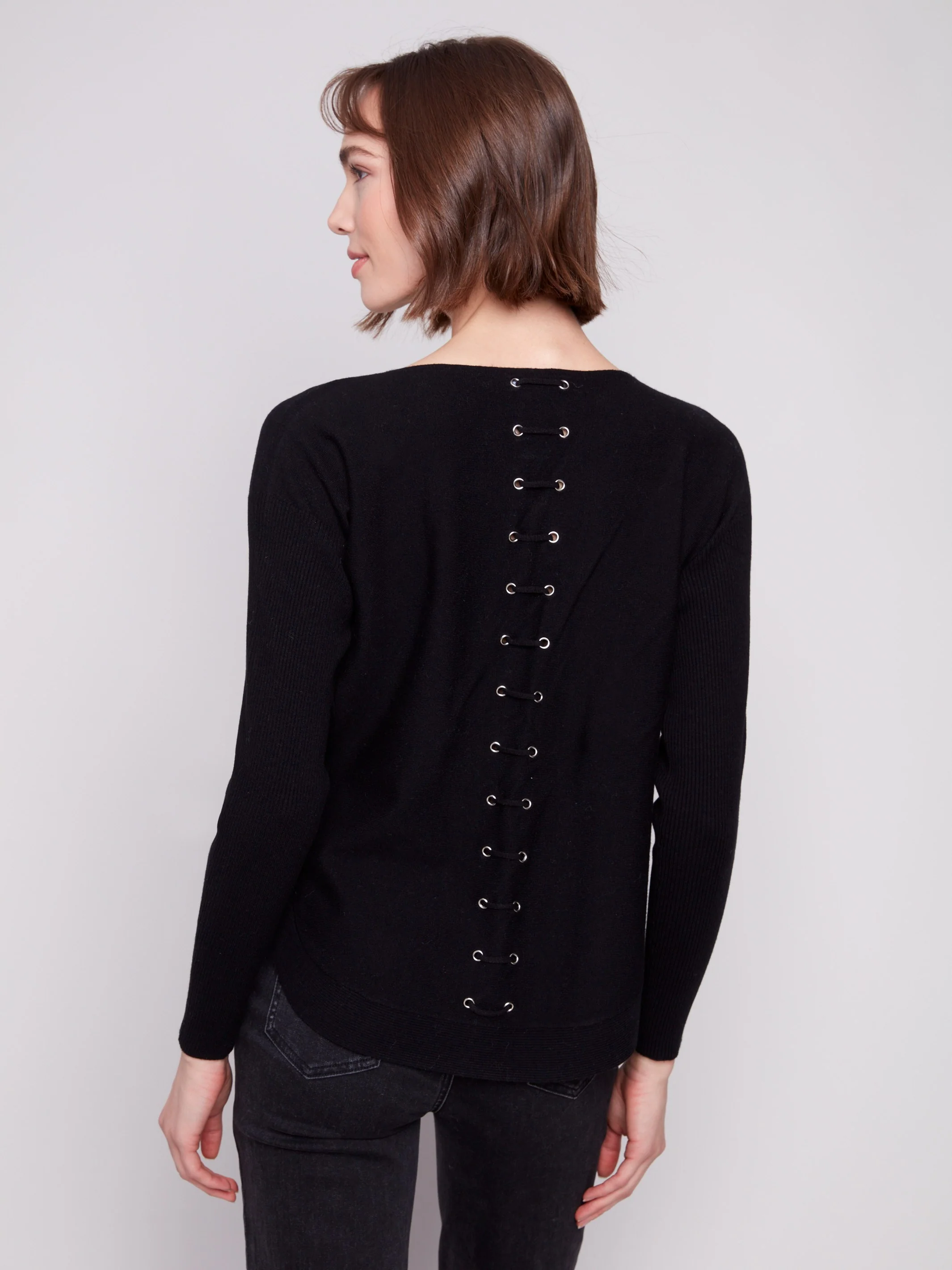 Knit Sweater With Back Lace-Up Detail - Black - WHSBYS