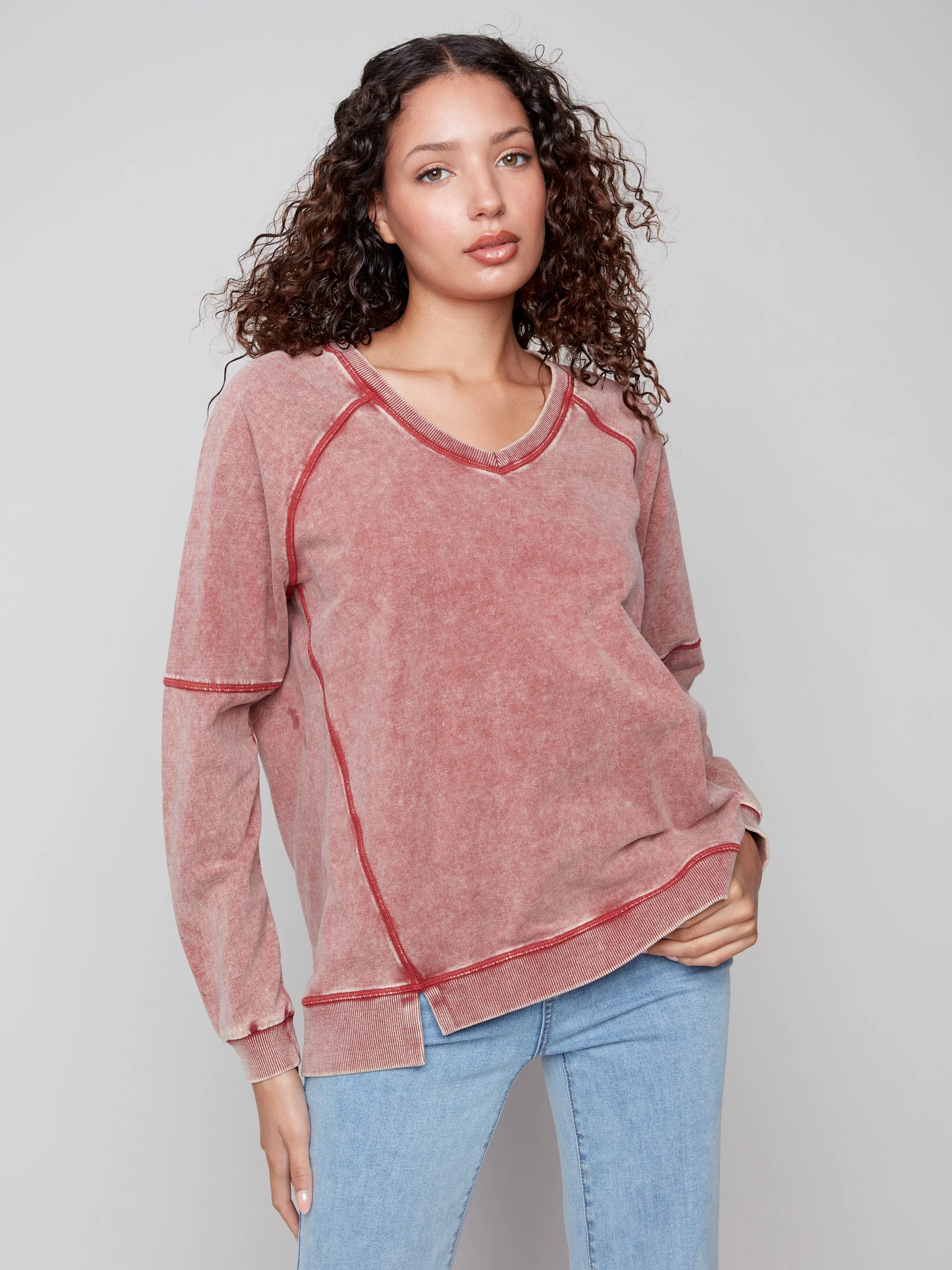Cold Dye French Terry V-Neck Top - Cabernet - WHSBYS