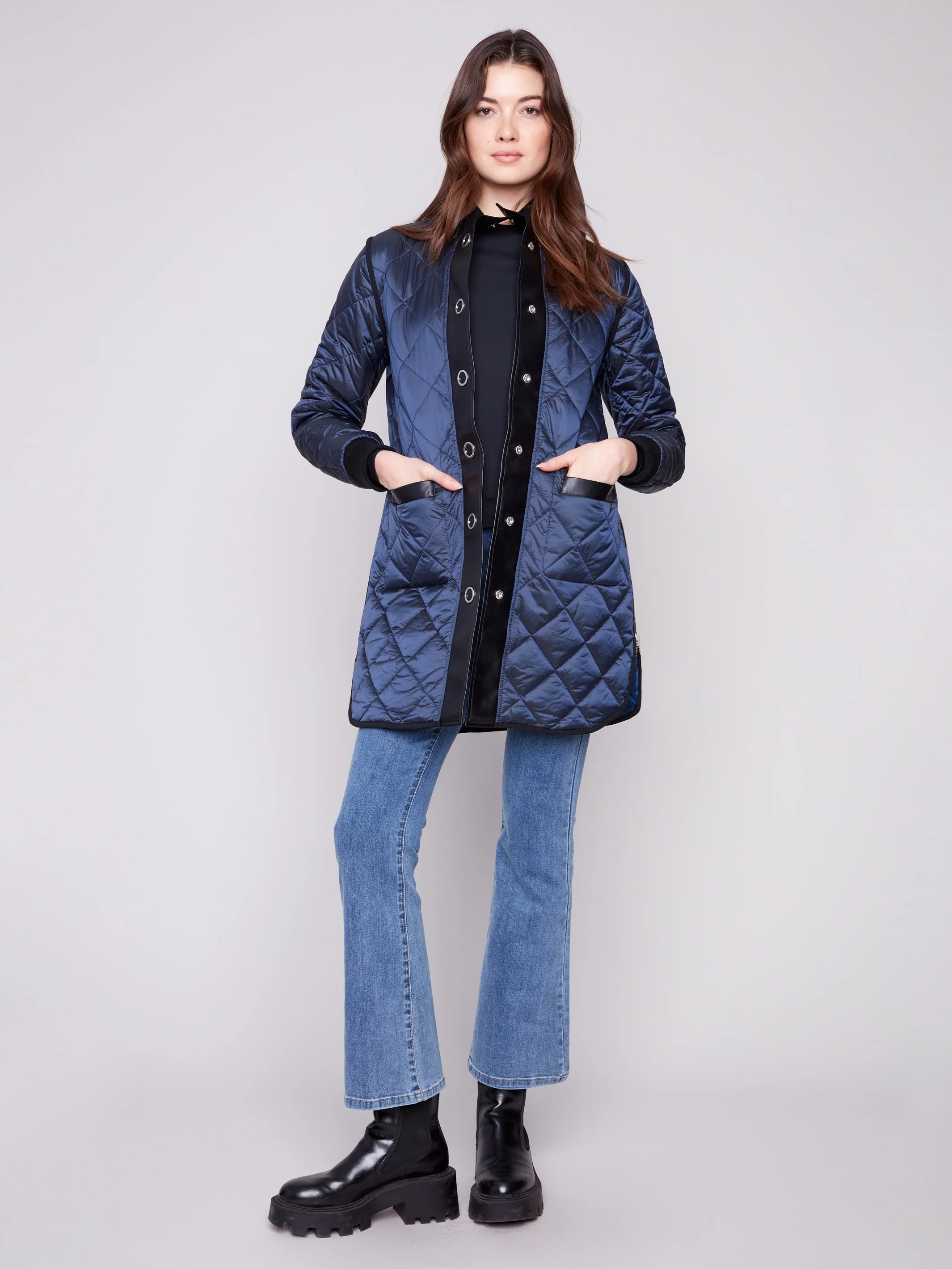 Reversible Long Quilted Puffer Jacket - Navy - WHSBYS