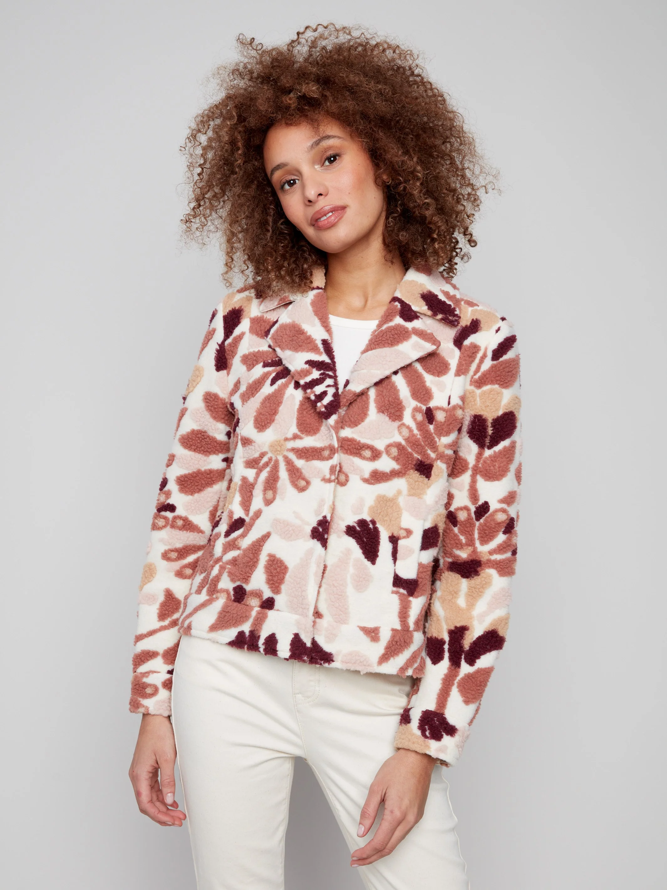 Floral Sherpa Fleece Short Coat - Cabernet - WHSBYS