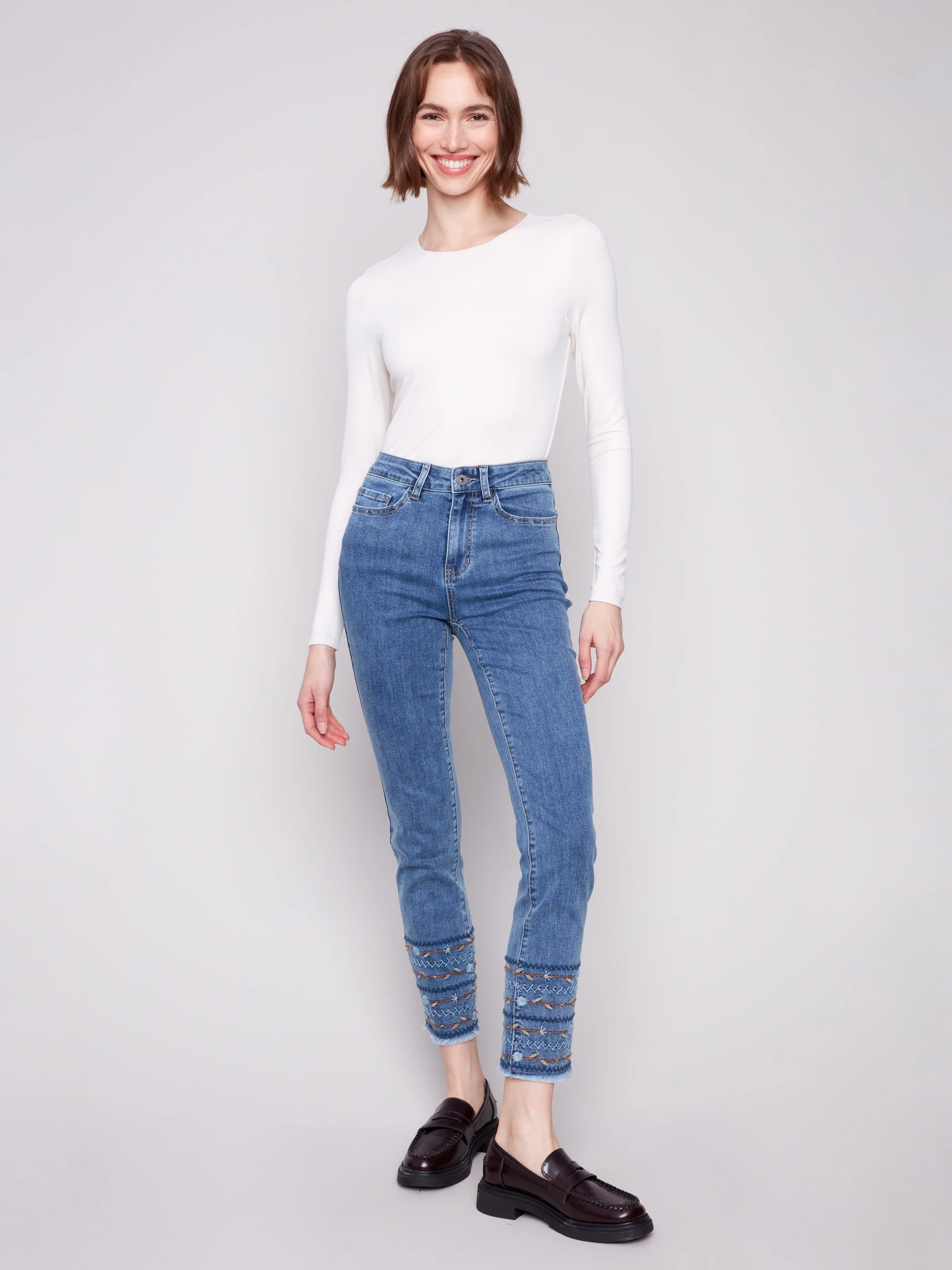 Embroidered Hem Jeans - Medium Blue - WHSBYS
