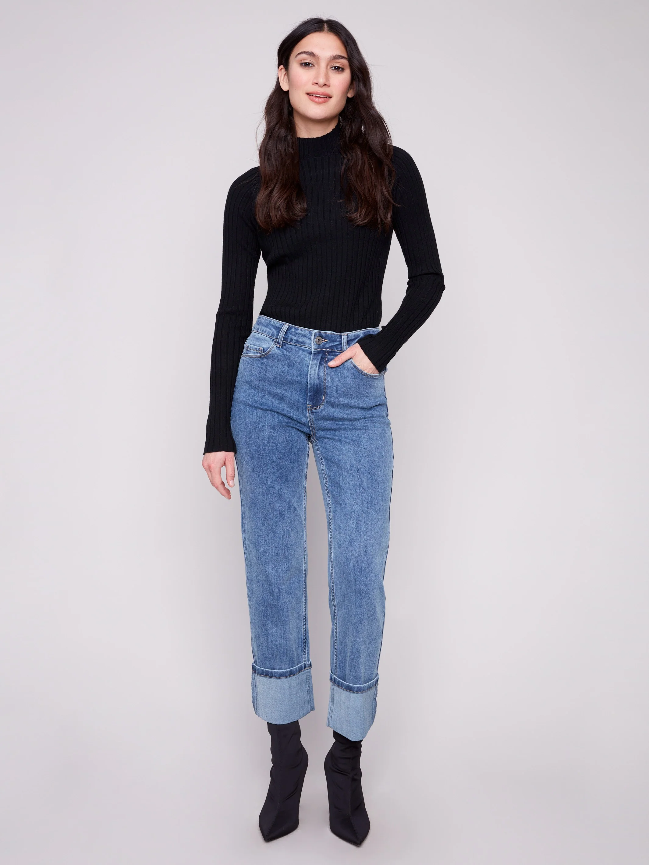 Wide Cuff Straight Leg Jeans - Medium Blue - WHSBYS