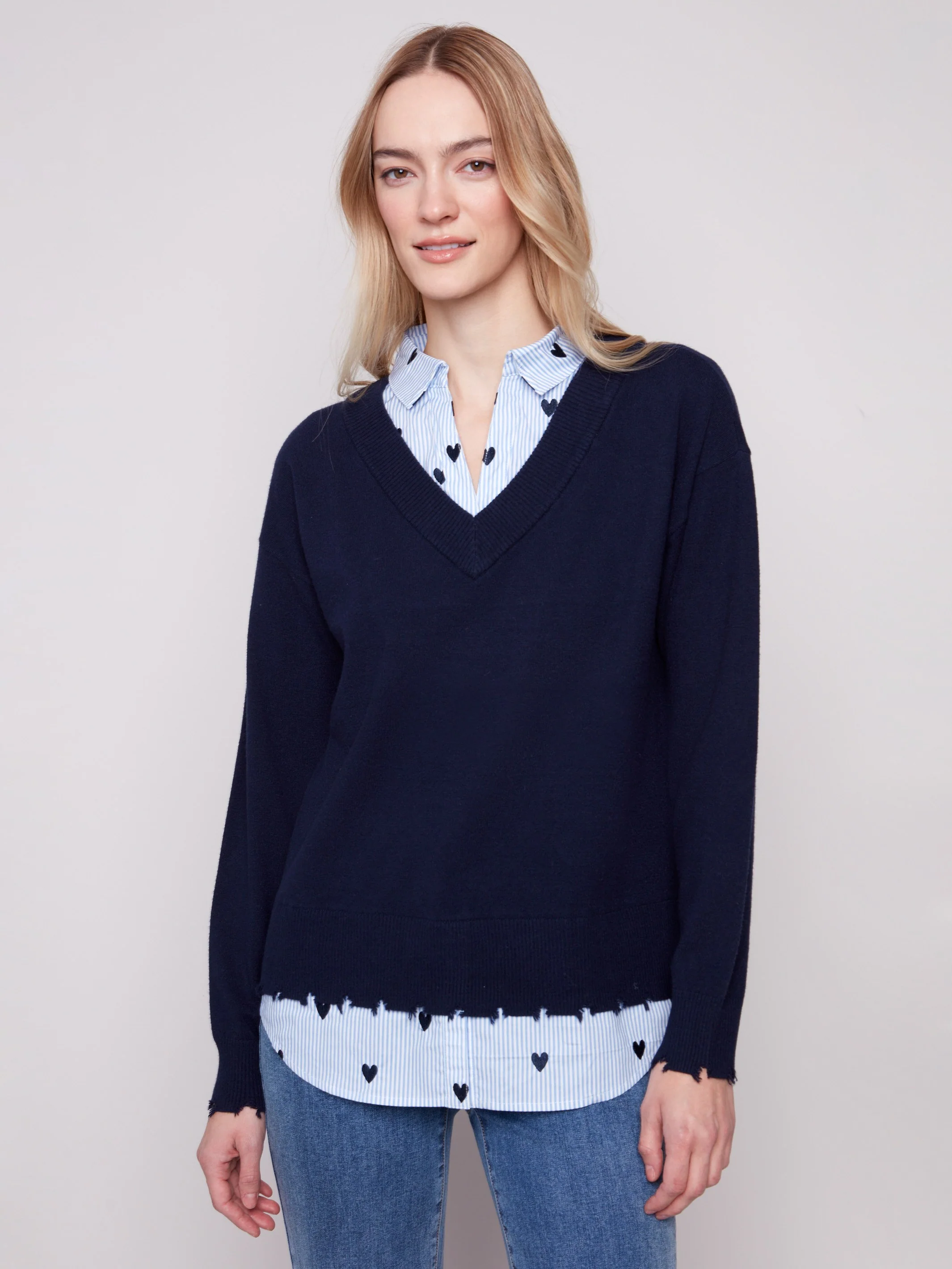 V-Neck Fooler Sweater With Embroidered Shirt Collar - Navy - WHSBYS