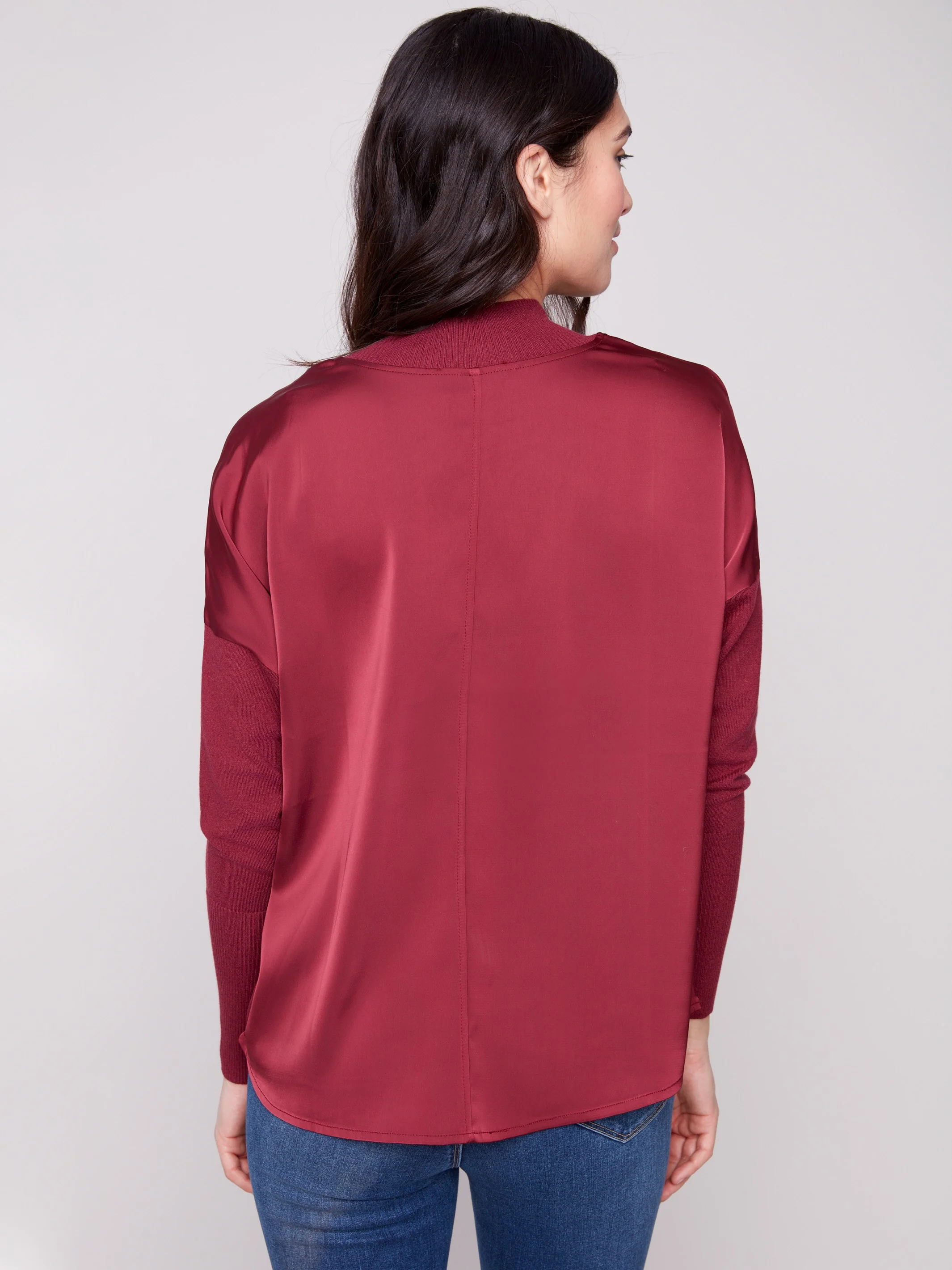 Satin Knit Top With Mock Neck - Cabernet - WHSBYS