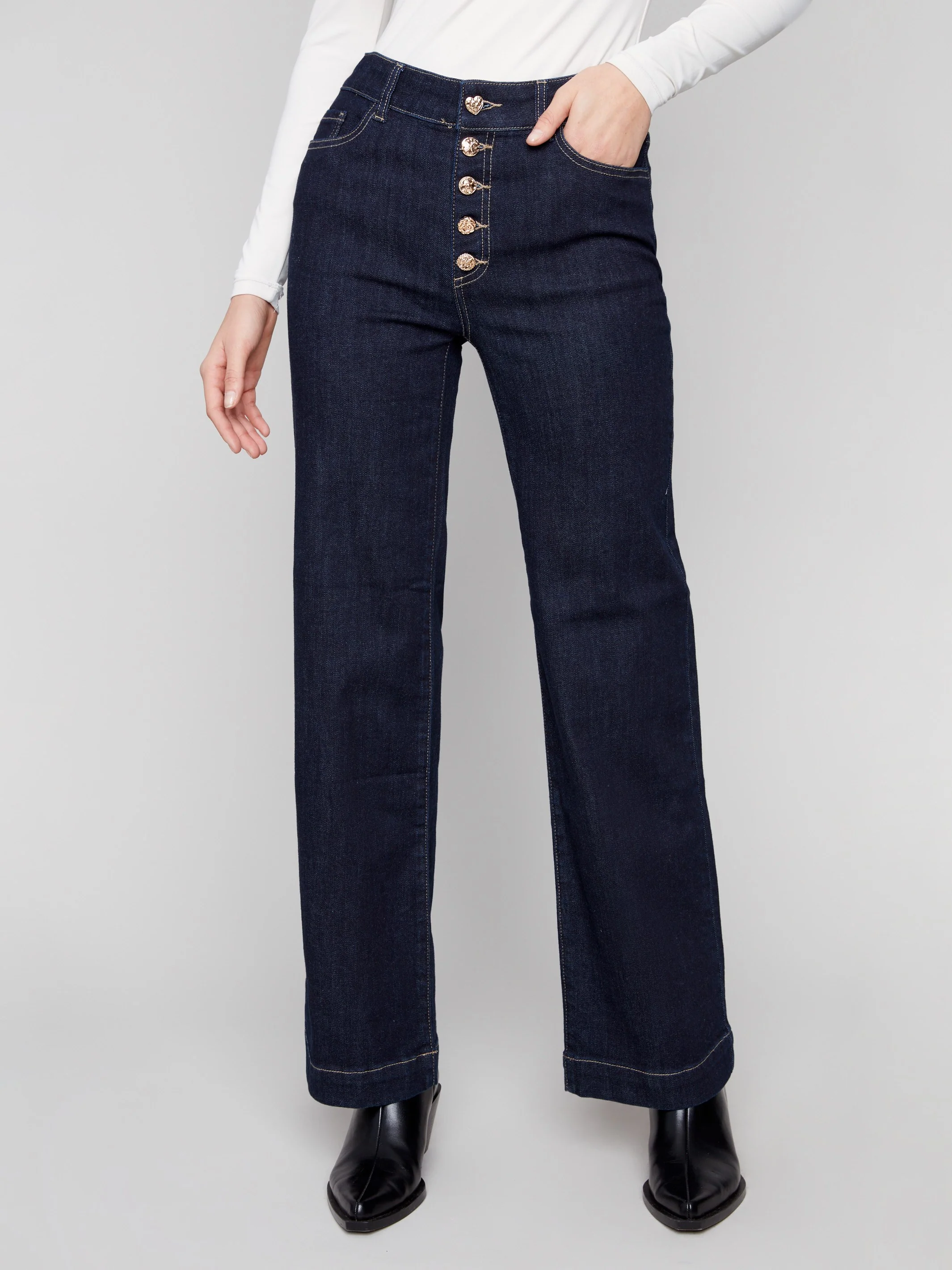 Flare Leg Jeans With Embellished Buttons - Deep Blue - WHSBYS