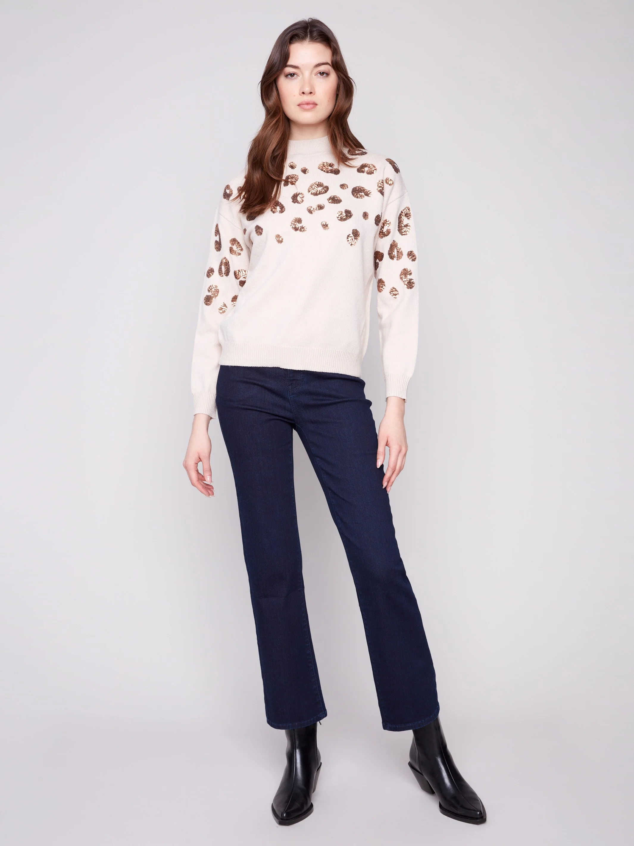 Mock Neck Sweater With Animal Print Sequin Detail - Heather Oat - WHSBYS