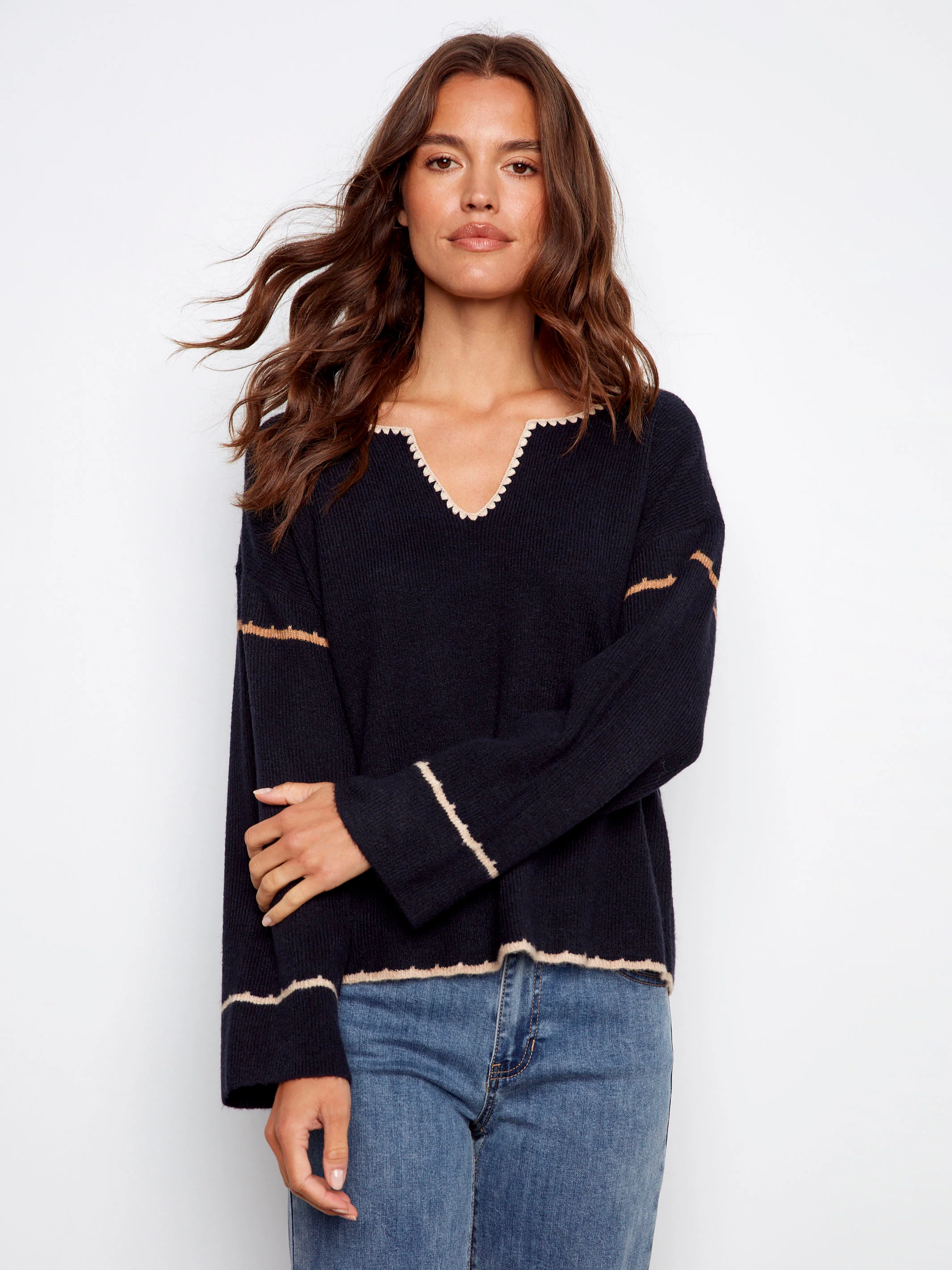 Embroidered Ribbed Sweater With Notch Neck - Navy - WHSBYS