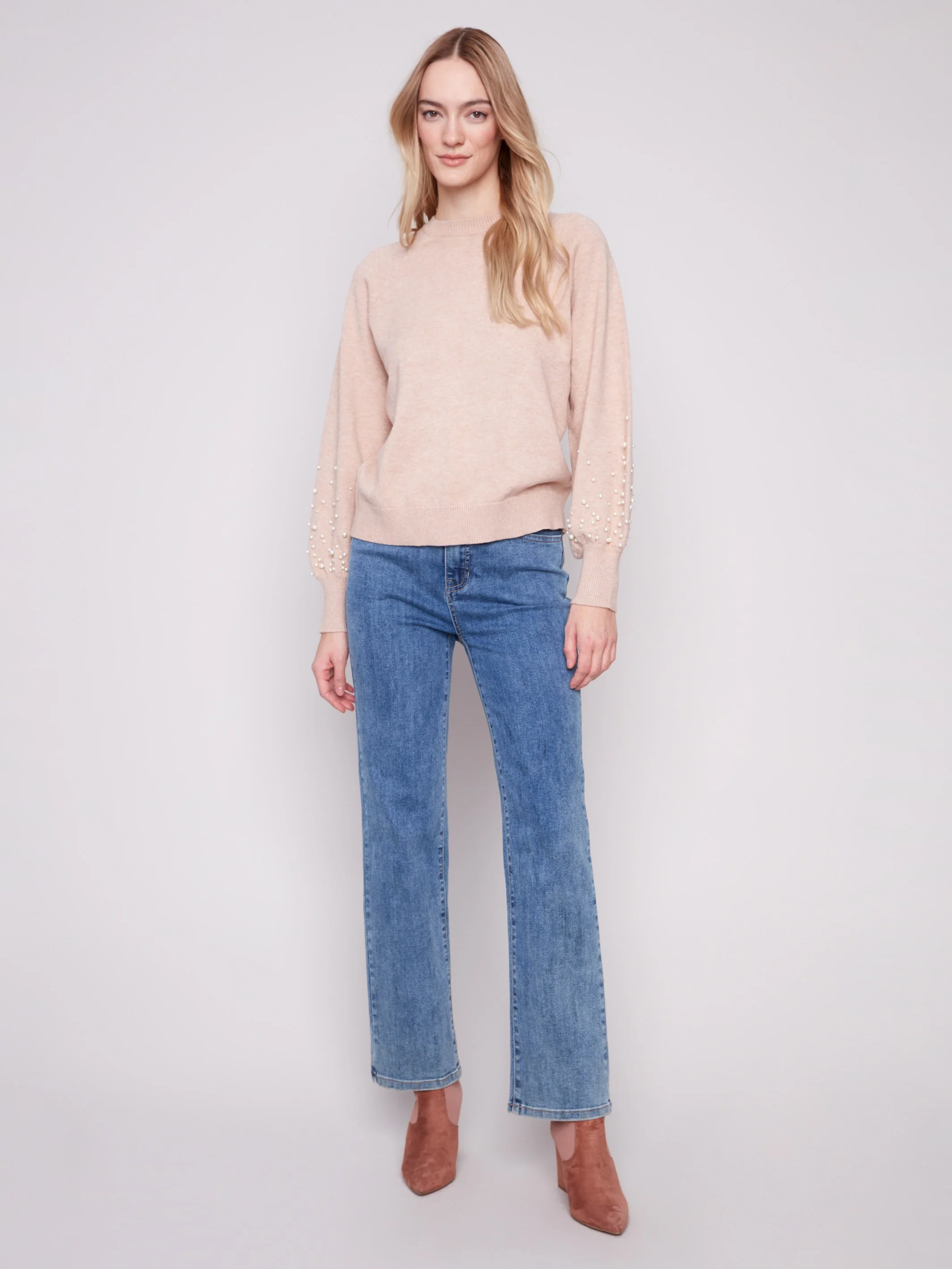 Crew Neck Sweater With Pearl Details - Heather Camel - WHSBYS