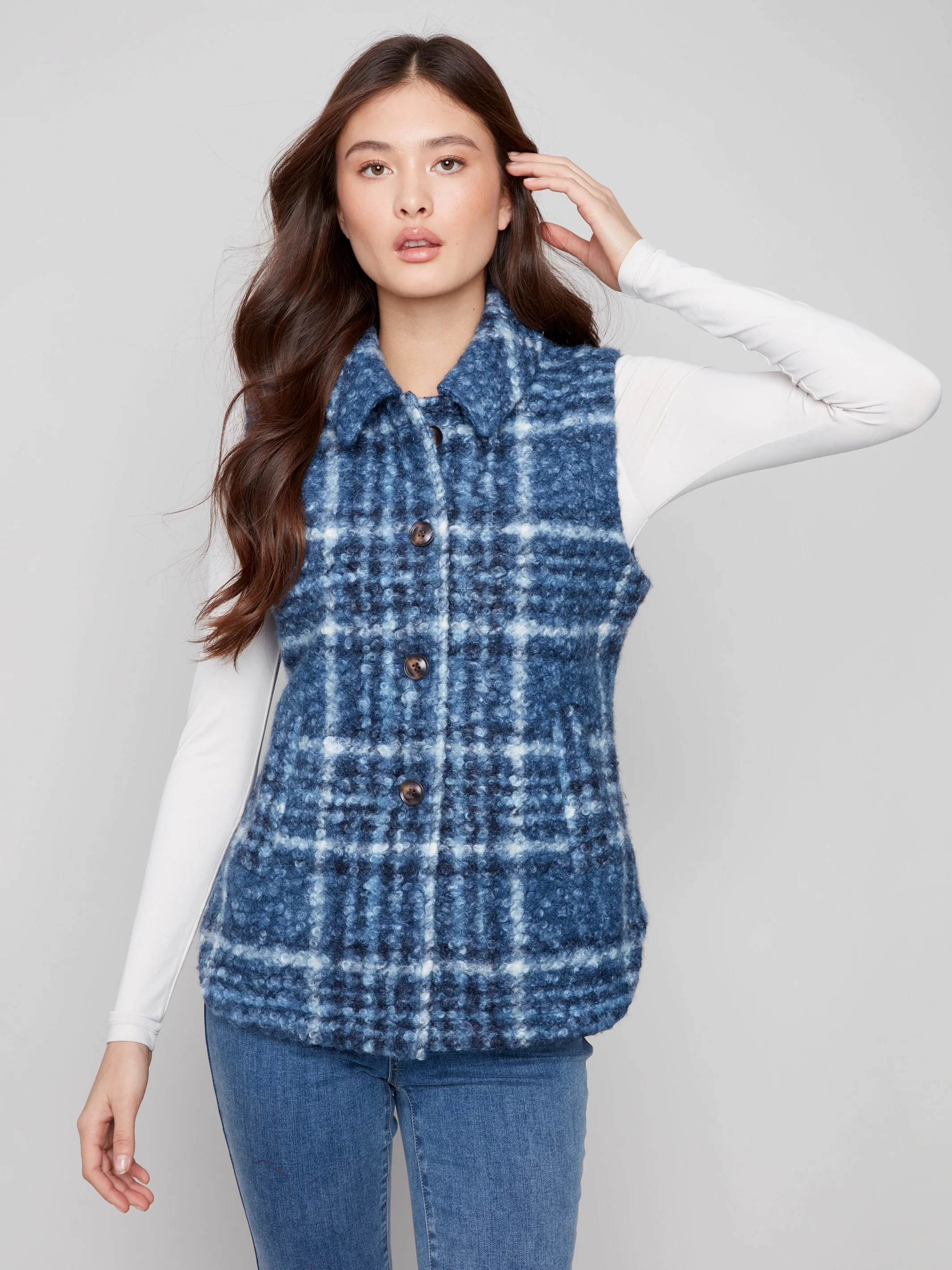 Plaid Bouclé Knit Vest - Moonlight - WHSBYS
