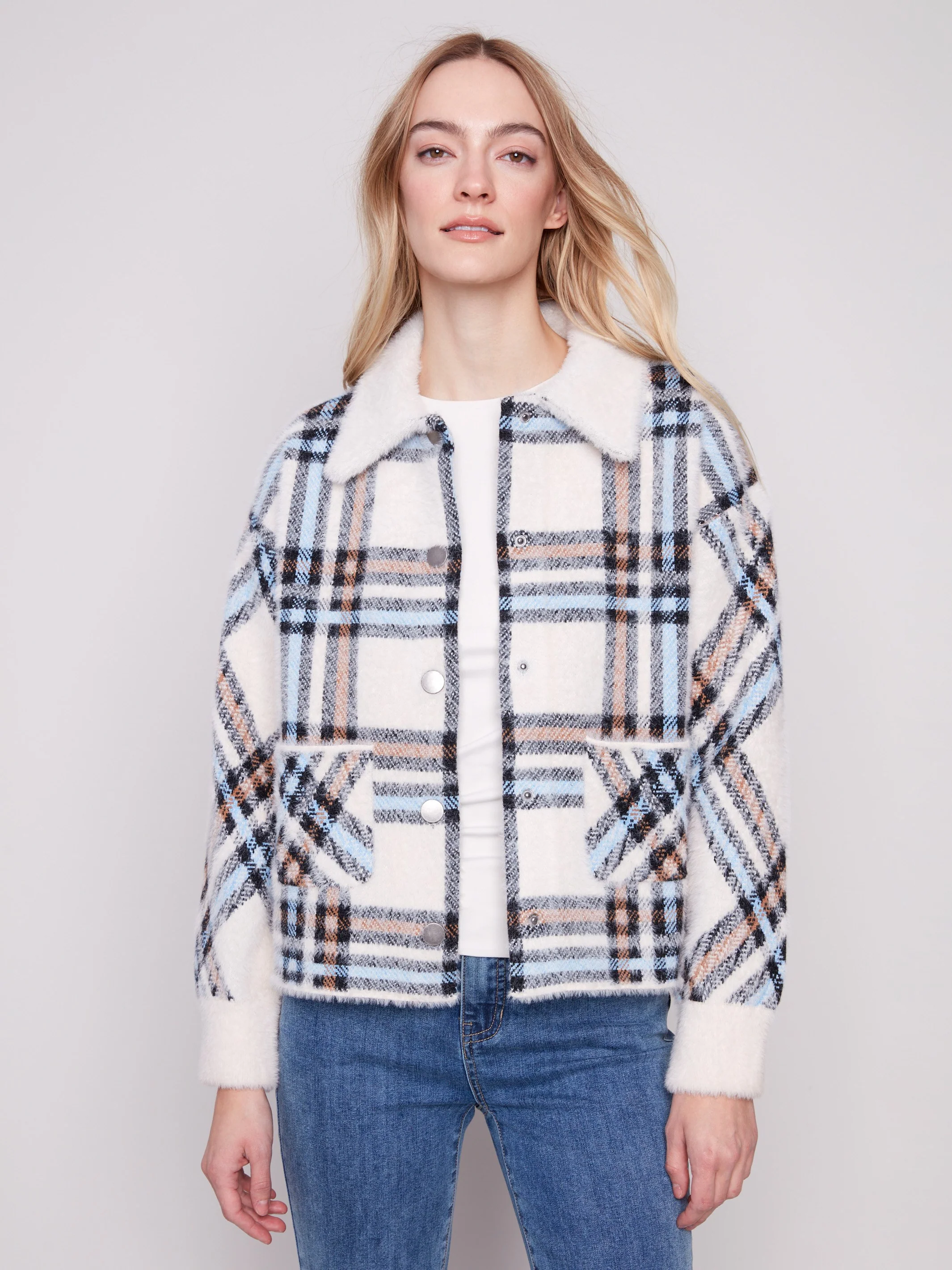 Short Plaid Knit Jacket - Ecru - WHSBYS