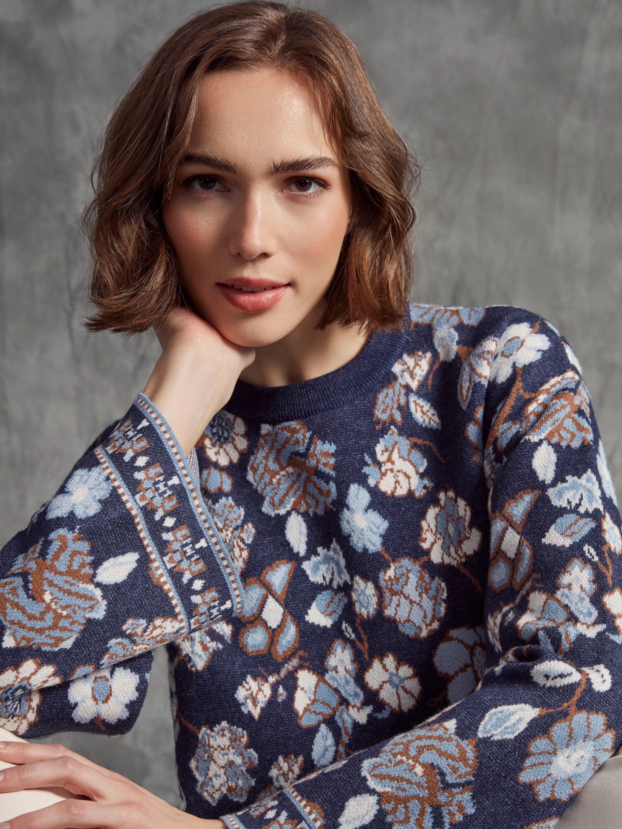 Crew Neck Jacquard Sweater - Floral - WHSBYS