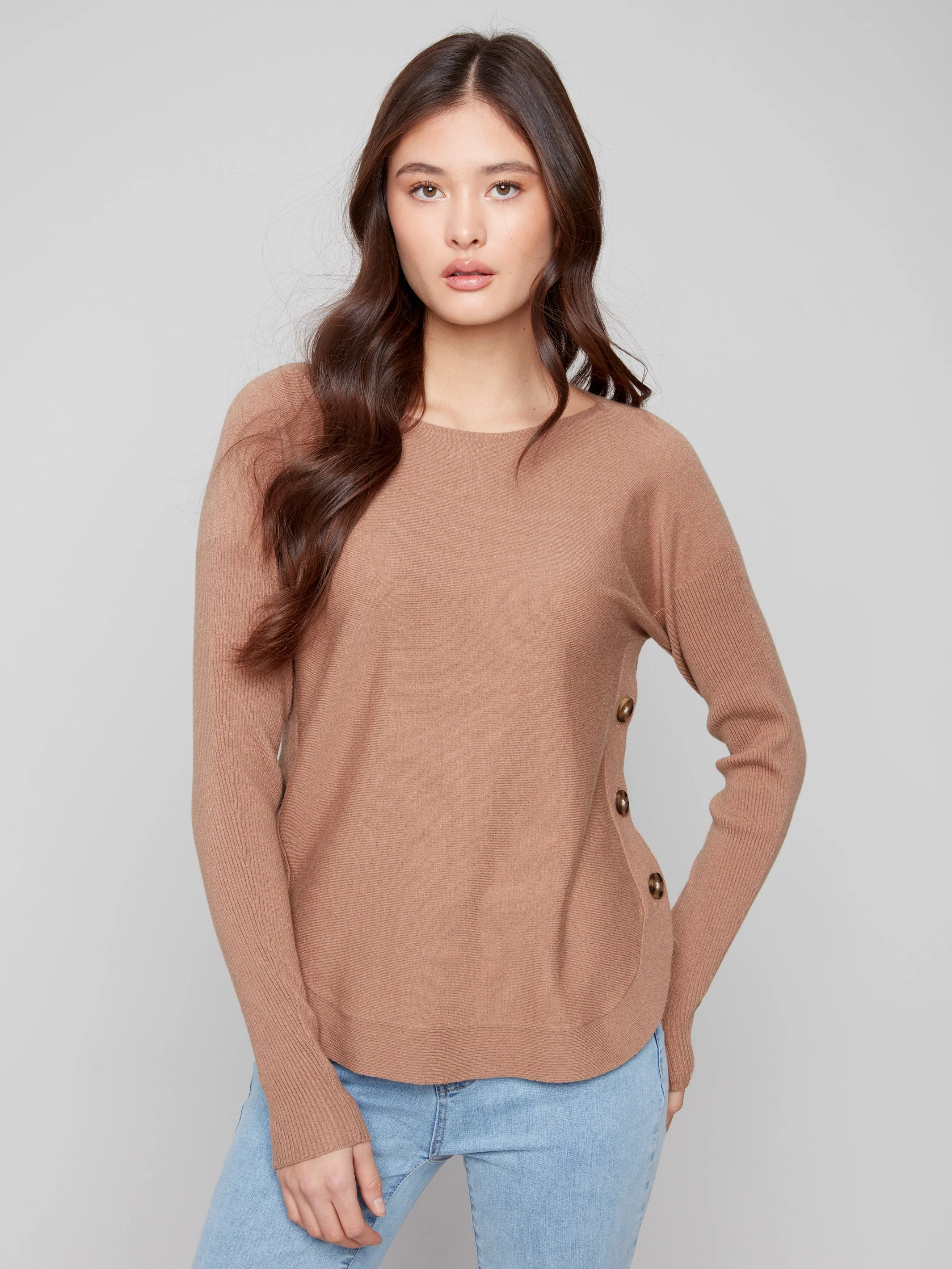 Boat Neck Sweater With Side Buttons - Truffle - WHSBYS