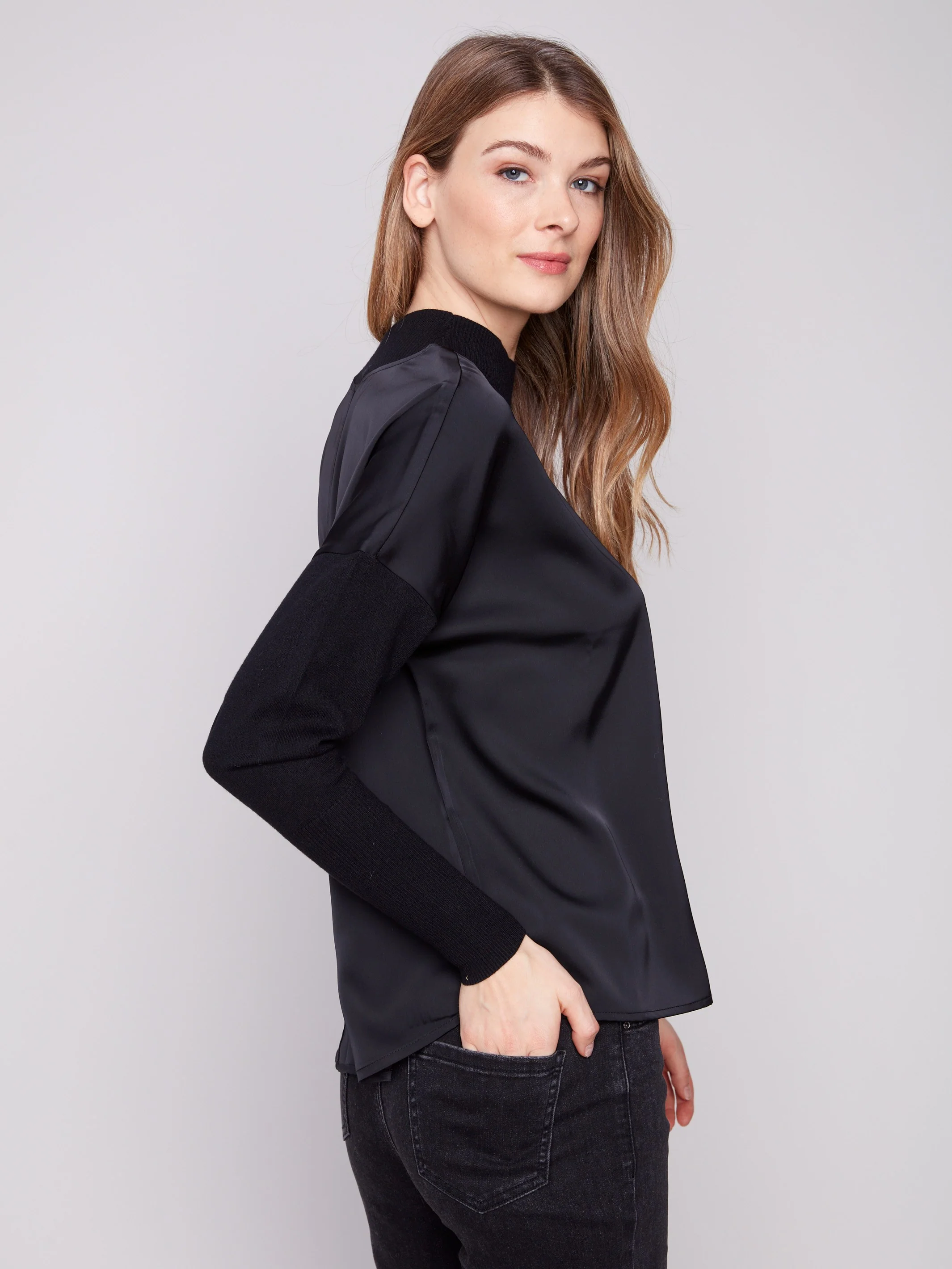 Satin Knit Top With Mock Neck - Black - WHSBYS