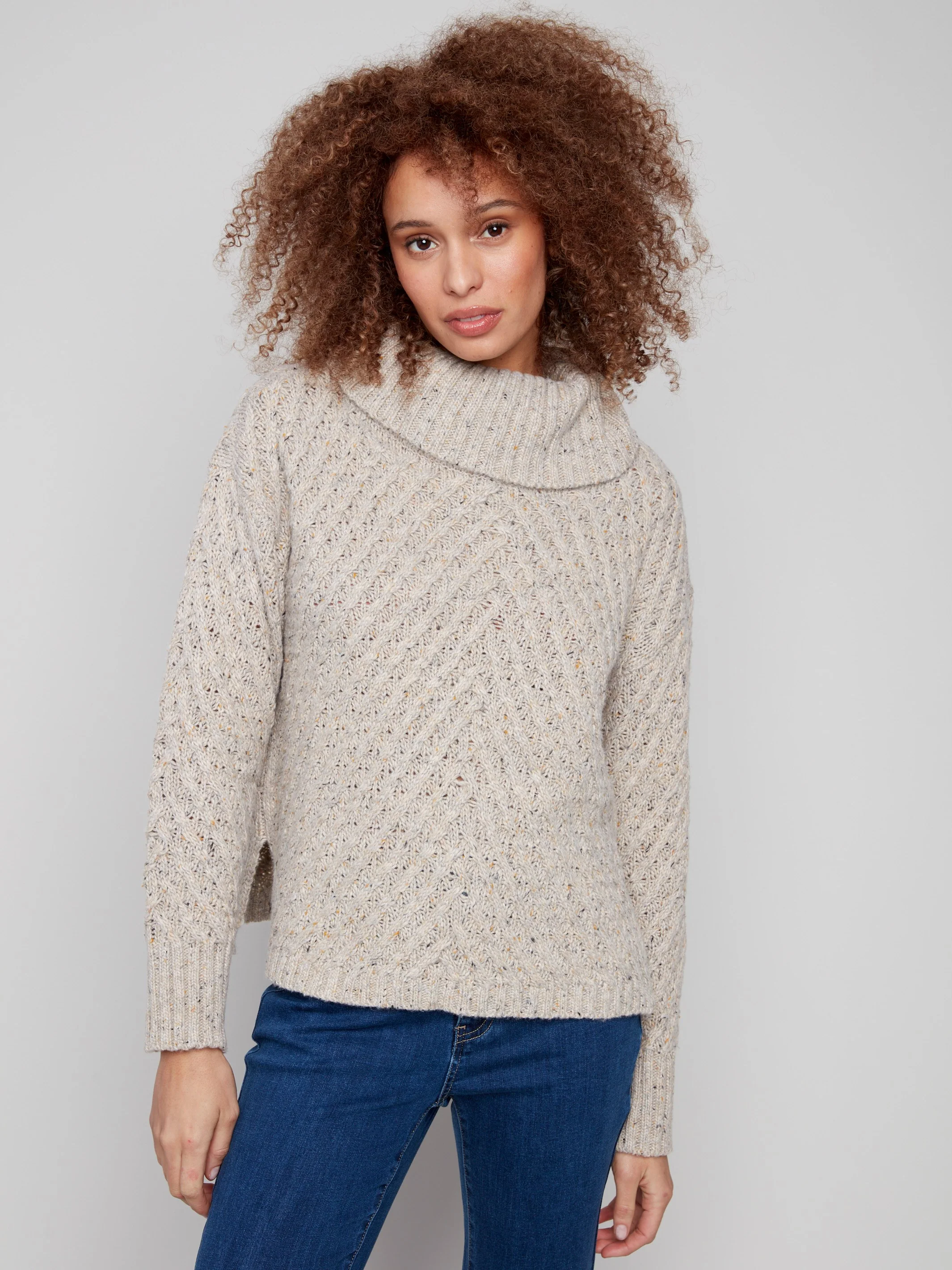 Cowl Neck Diagonal Cable Sweater - Heather Oat - WHSBYS