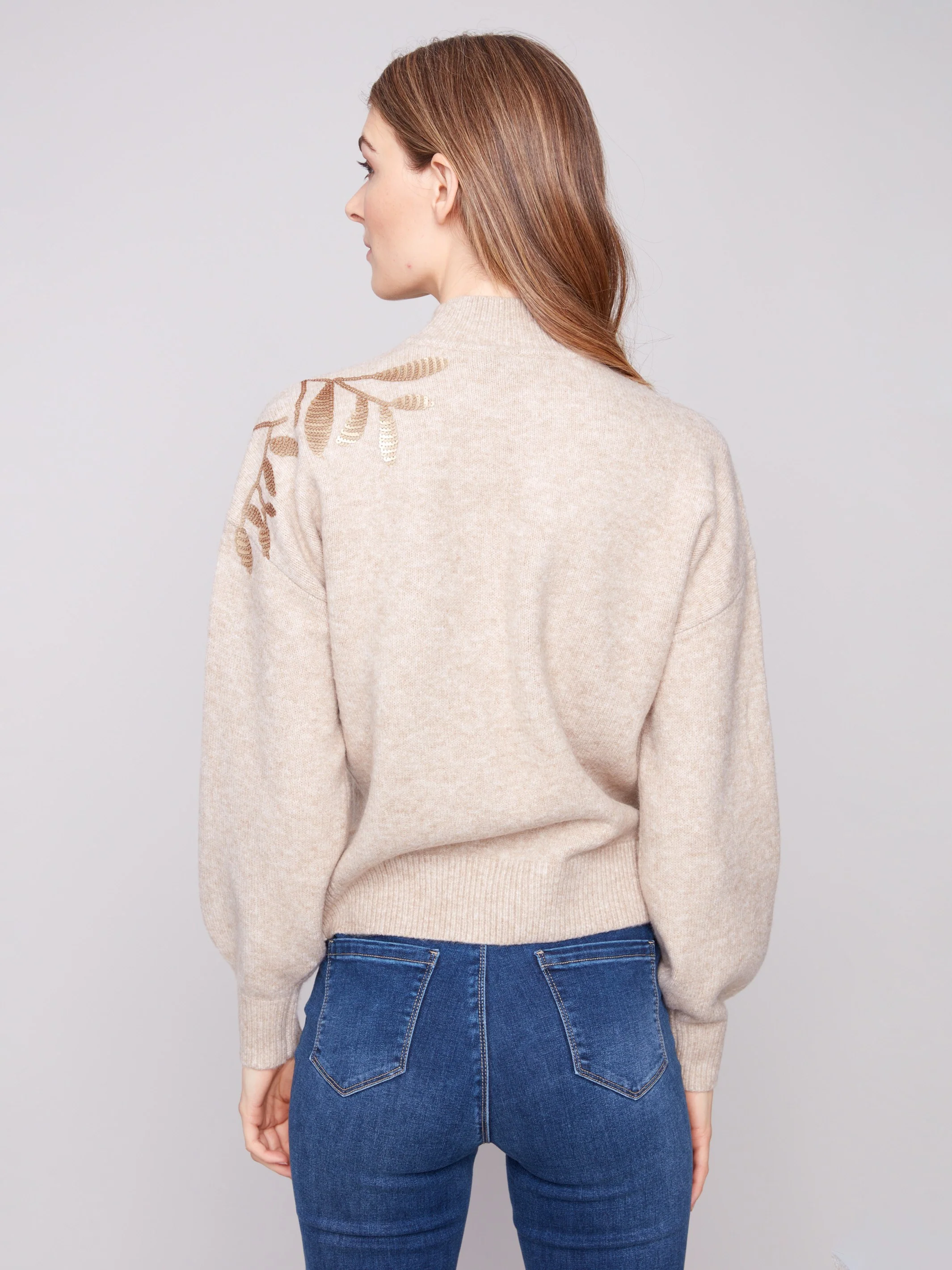 Mock Neck Sweater with Sequin Detail - Heather Oat - WHSBYS