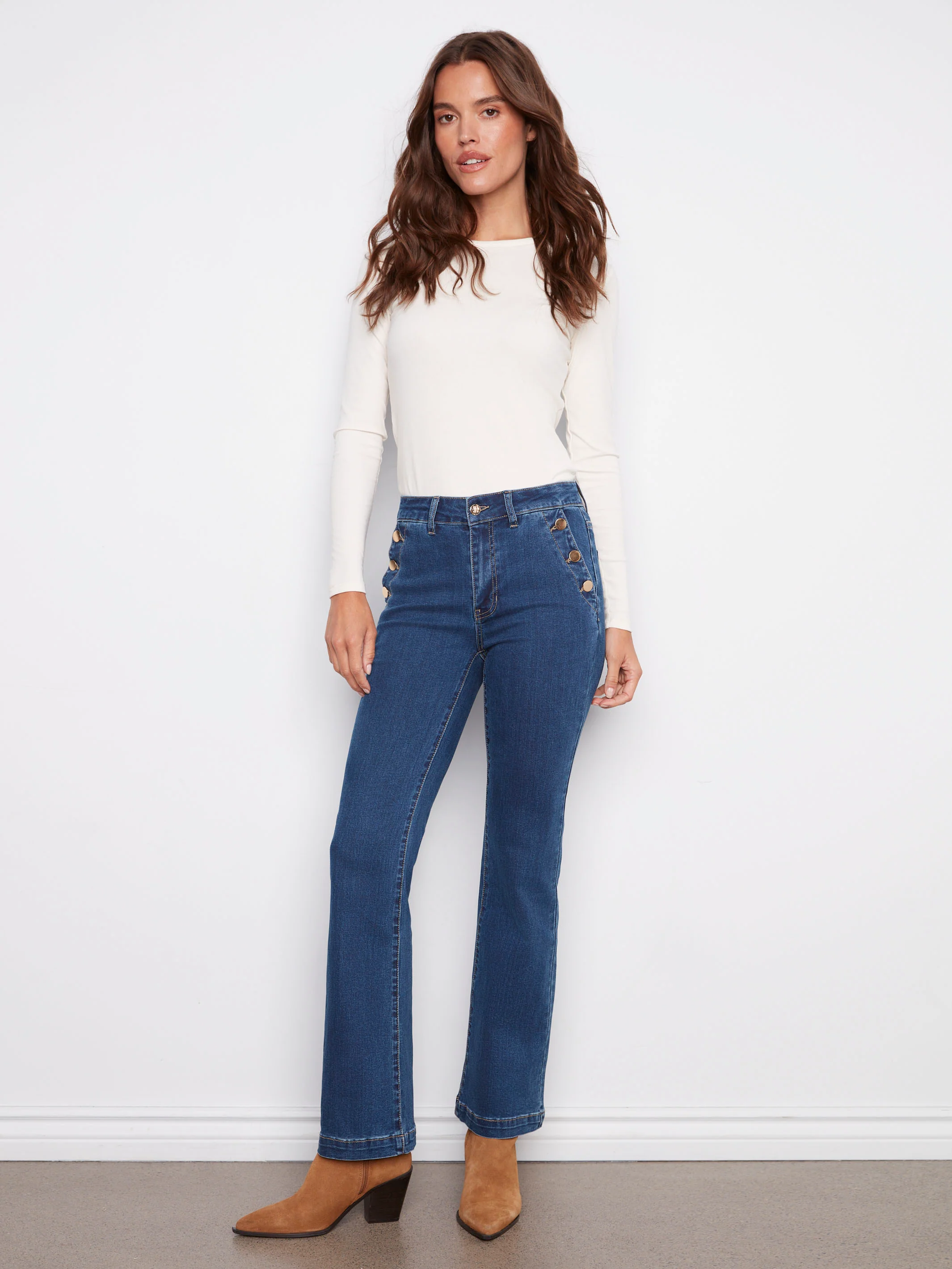 Flare Leg Stretch Jeans With Buttons - Indigo - WHSBYS