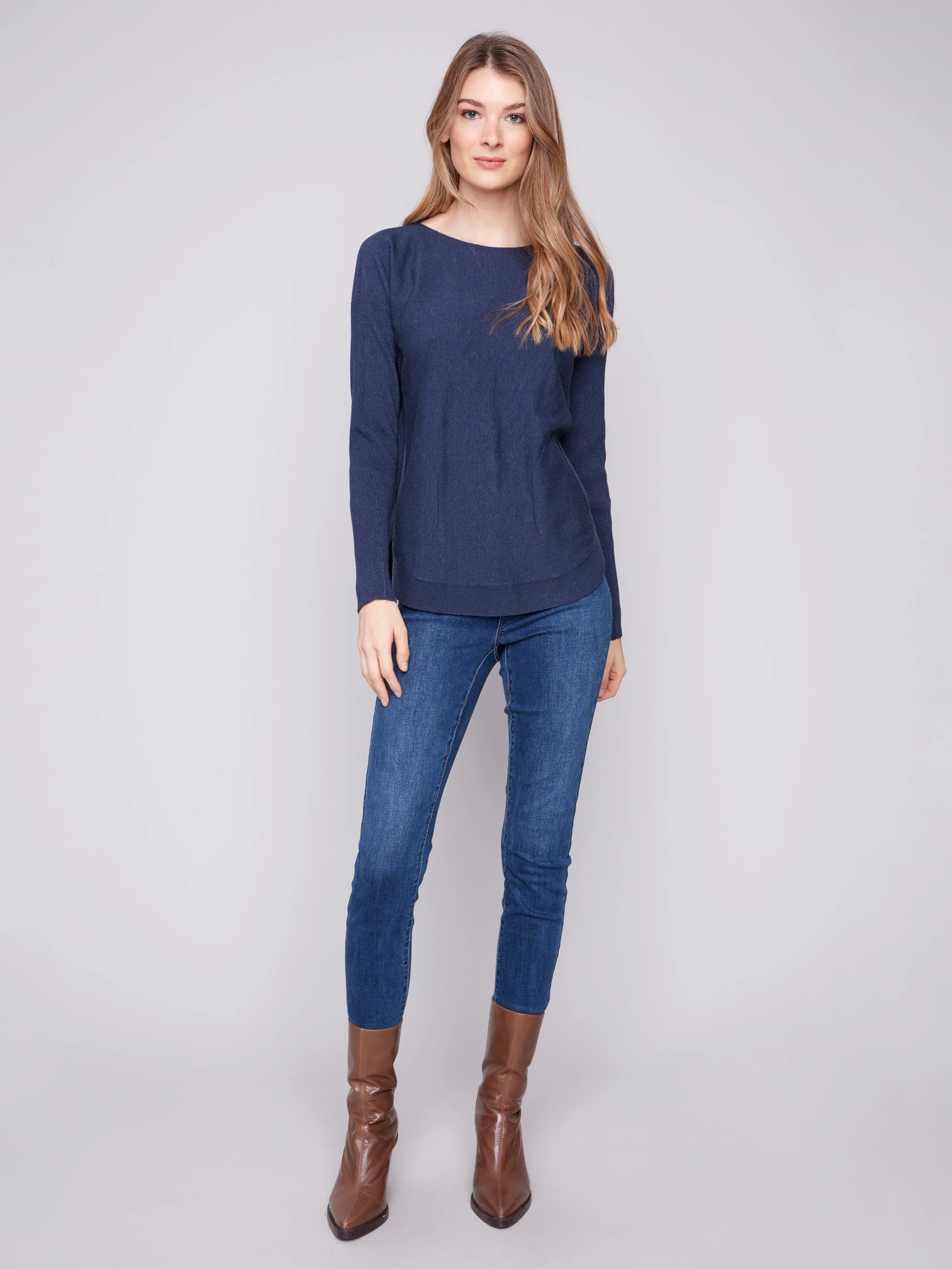Knit Sweater With Back Lace-Up Detail - Heather Denim - WHSBYS