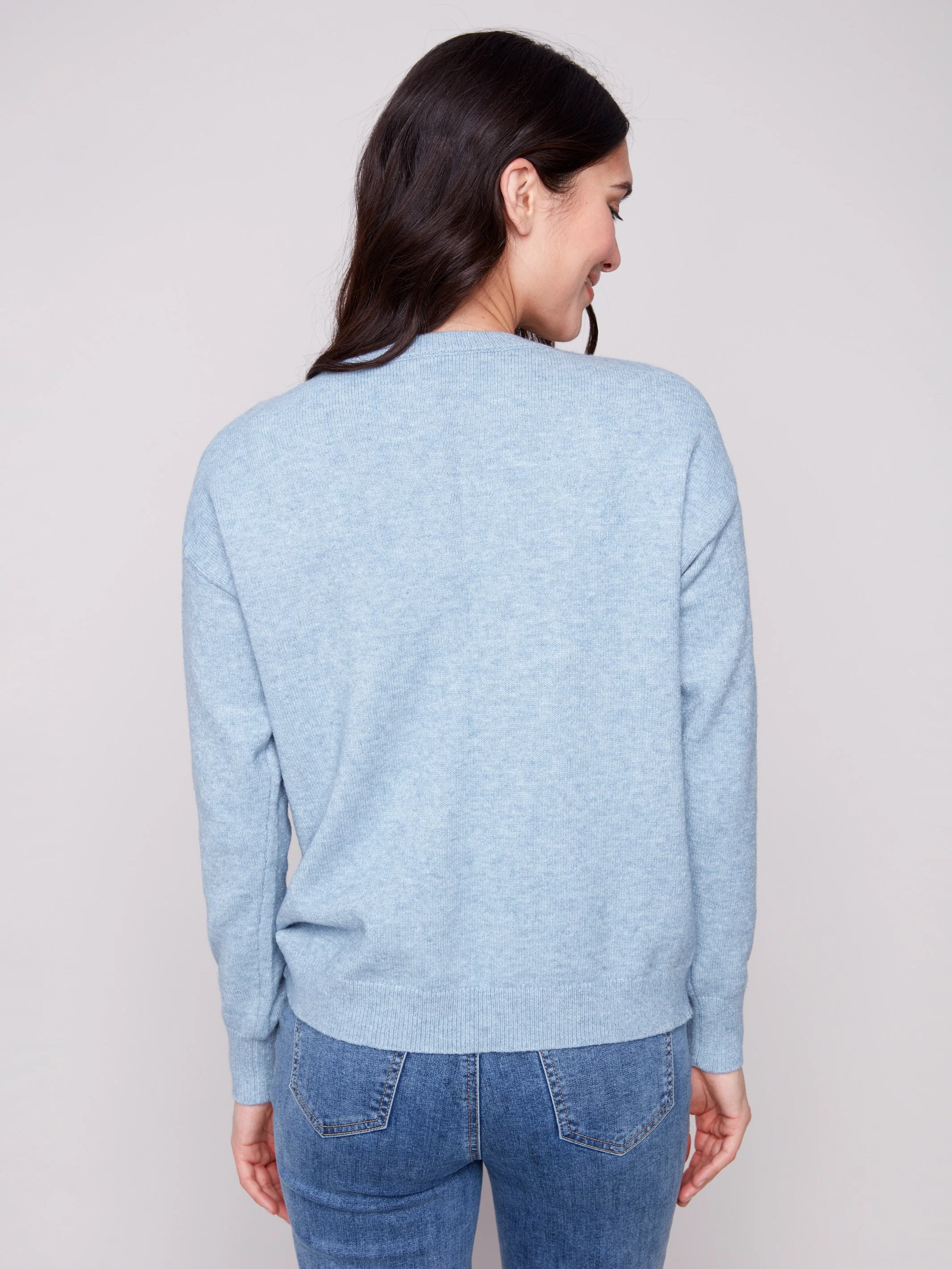 Crew Neck Sweater with Tonal Embroidery - Heather Oxford - WHSBYS