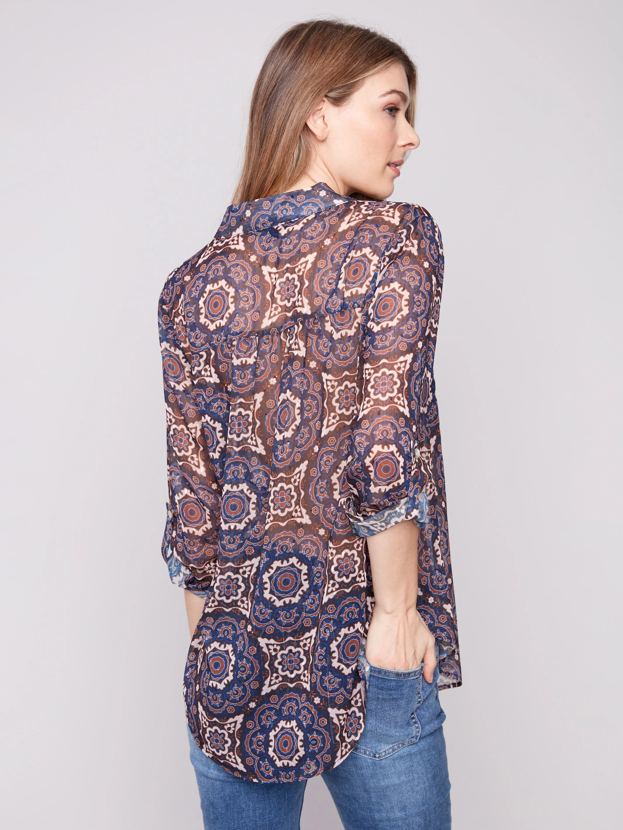 Printed Button-Up Blouse - Medallion - WHSBYS
