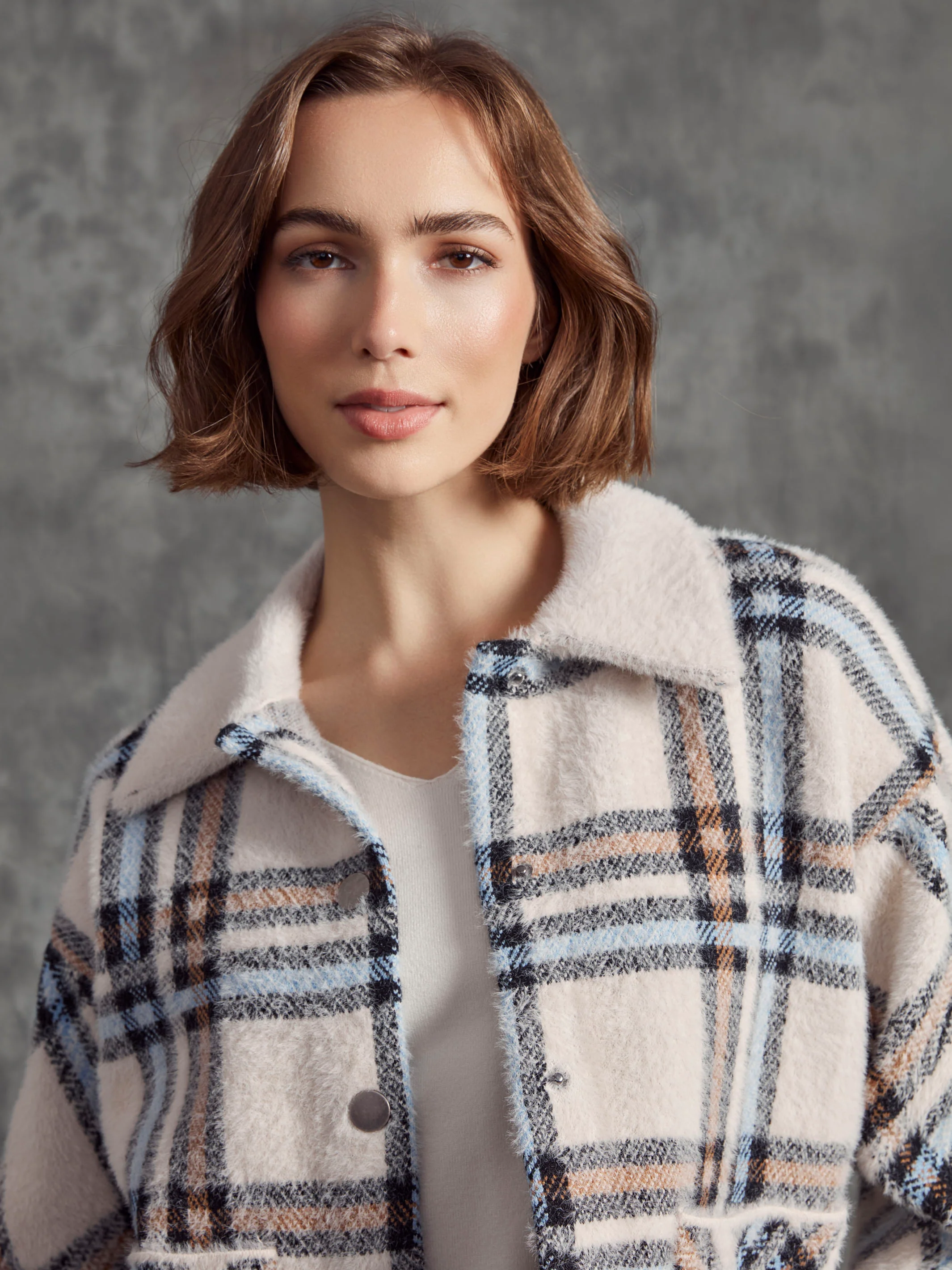 Short Plaid Knit Jacket - Ecru - WHSBYS
