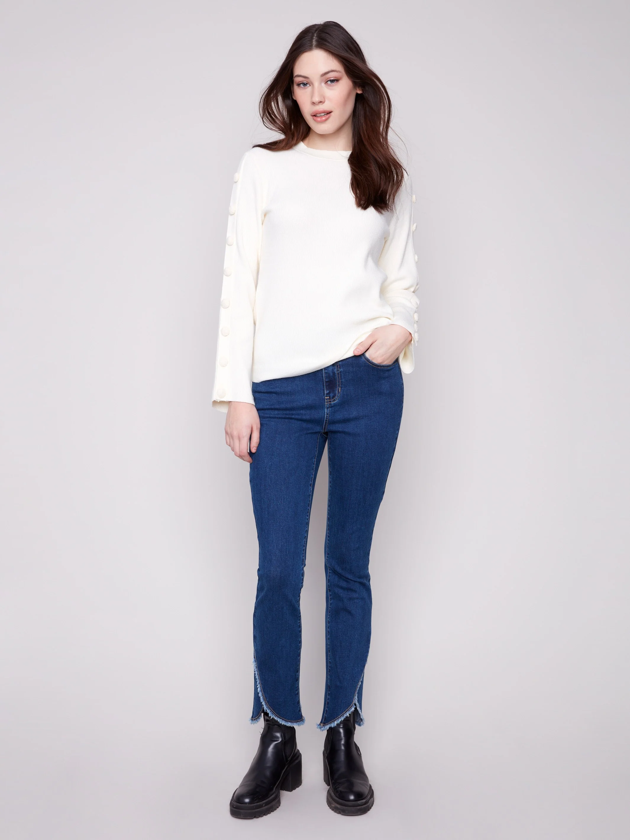 Ribbed Crew Neck Sweater With Buttons Details - Ecru - WHSBYS