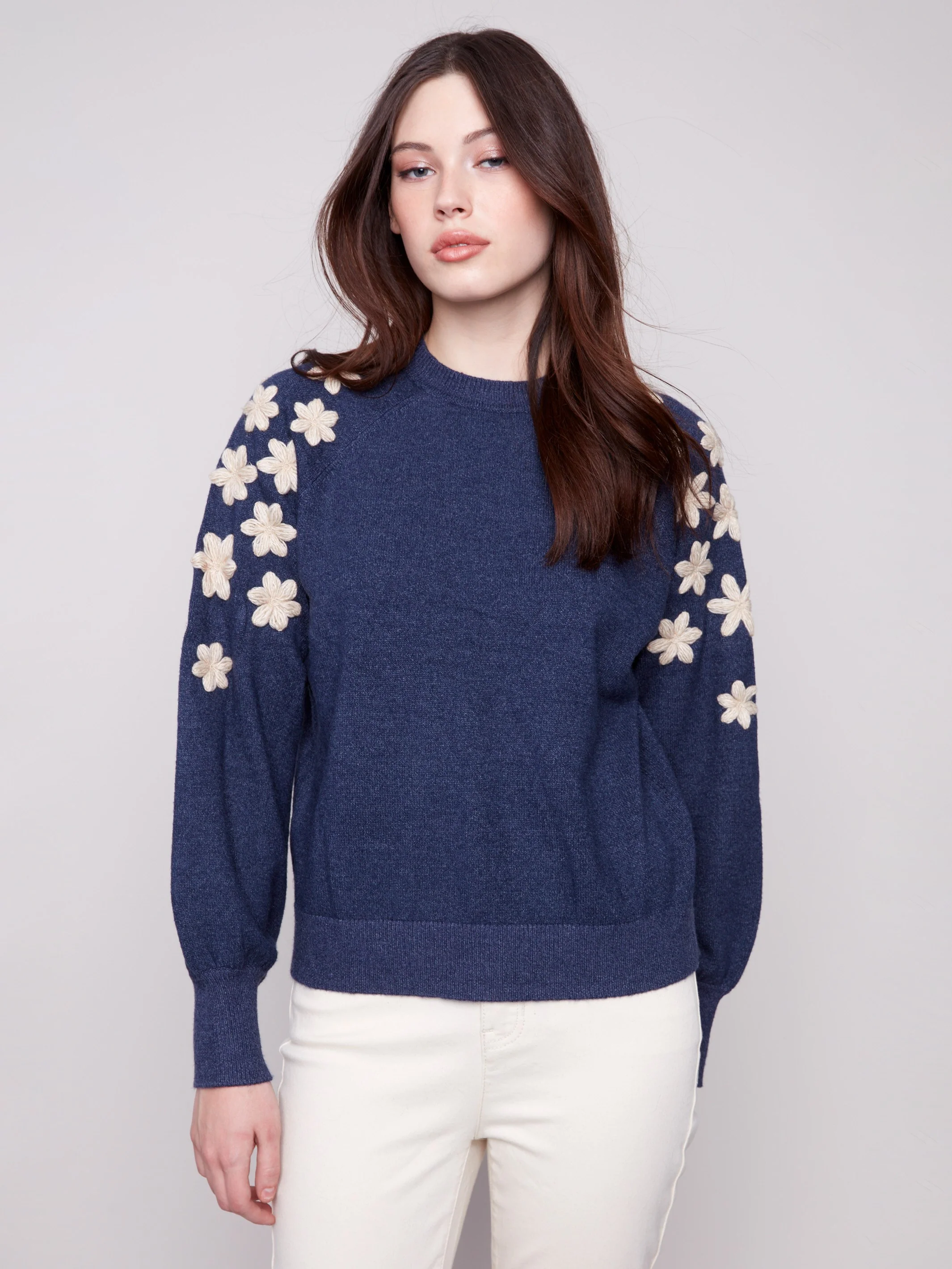 Crew Neck Sweater With Embroidered Flowers - Heather Denim - WHSBYS