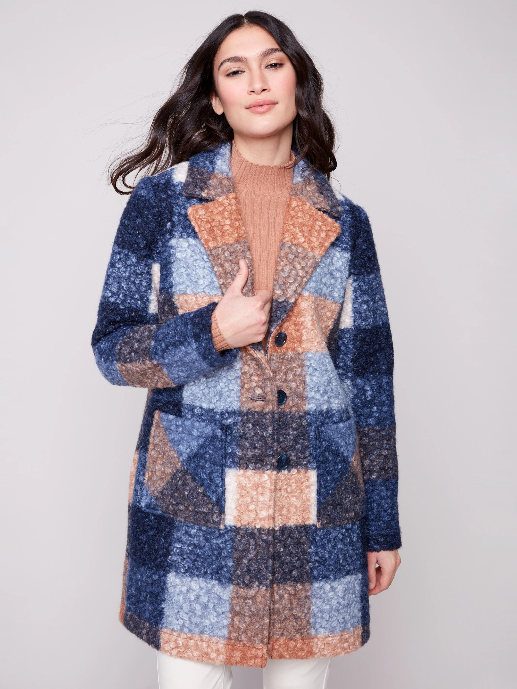 Plaid Bouclé Knit Coat - Moonlight - WHSBYS