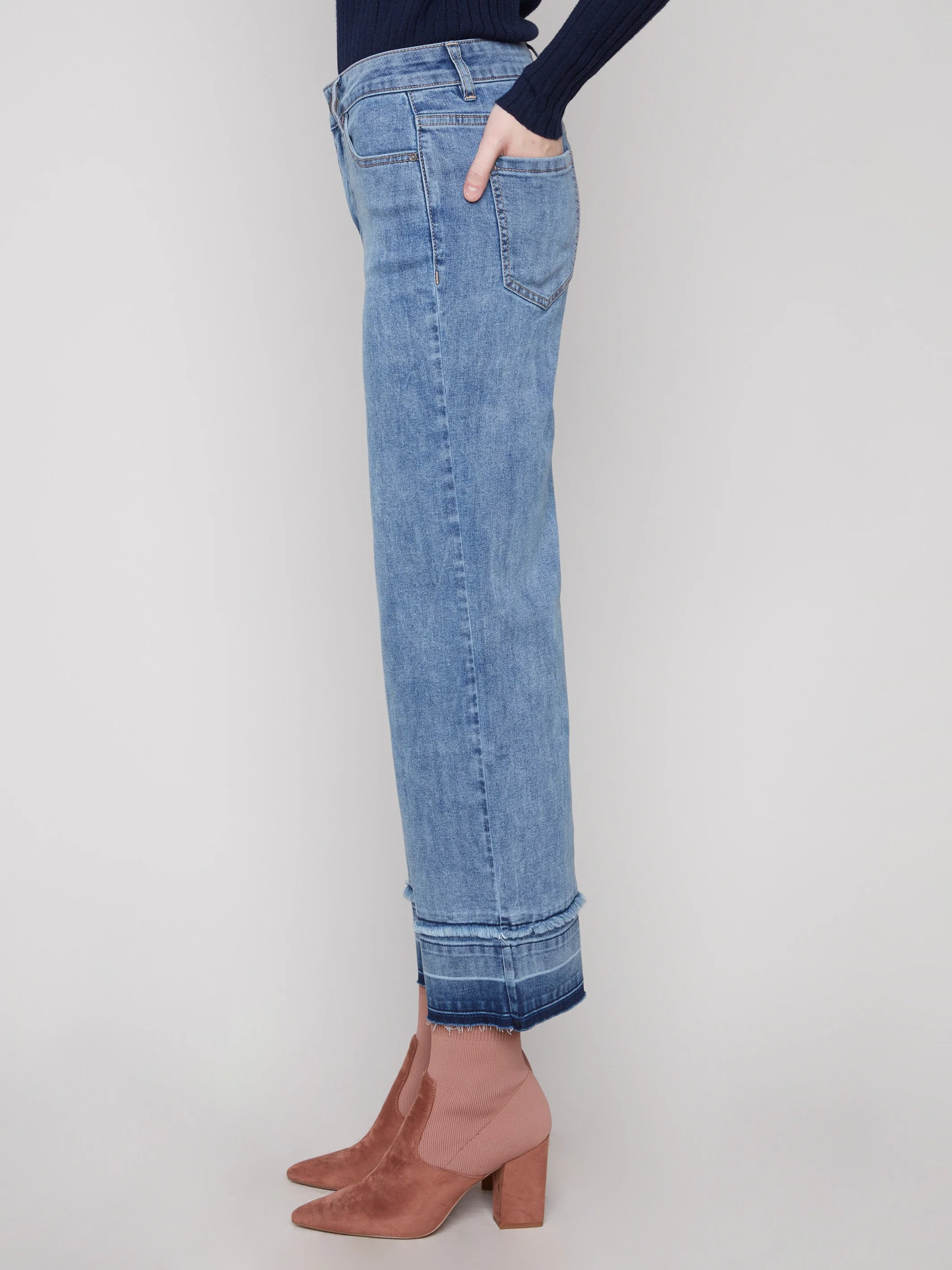Flare Leg Jeans With Fringed Hem - Medium Blue - WHSBYS