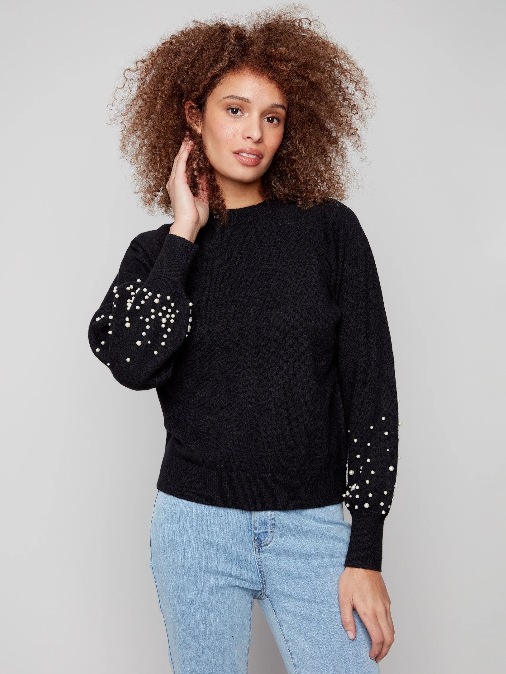Crew Neck Sweater With Pearl Details - Black - WHSBYS