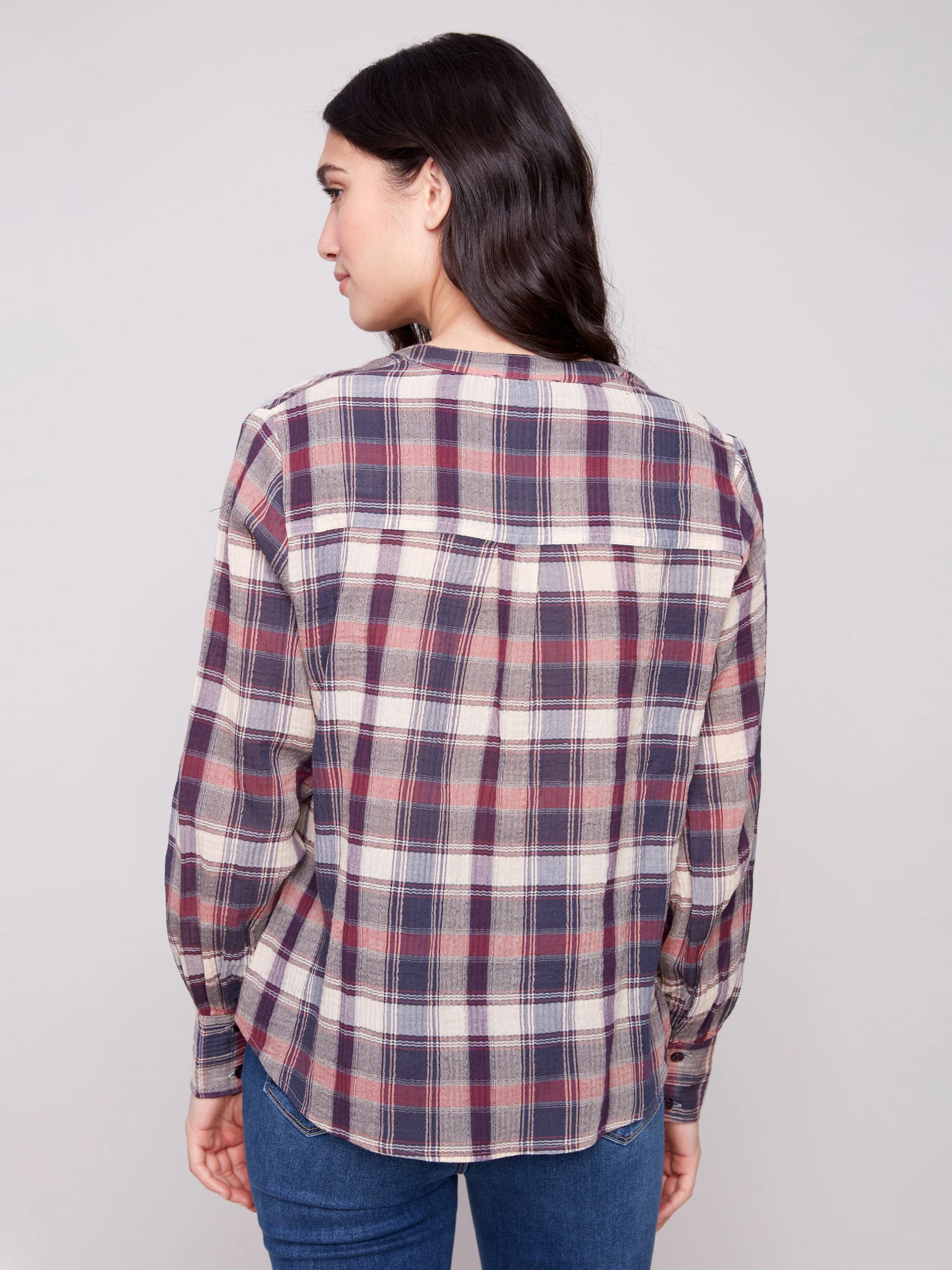 Plaid Bubble Gauze Button-Down Shirt - Berry - WHSBYS