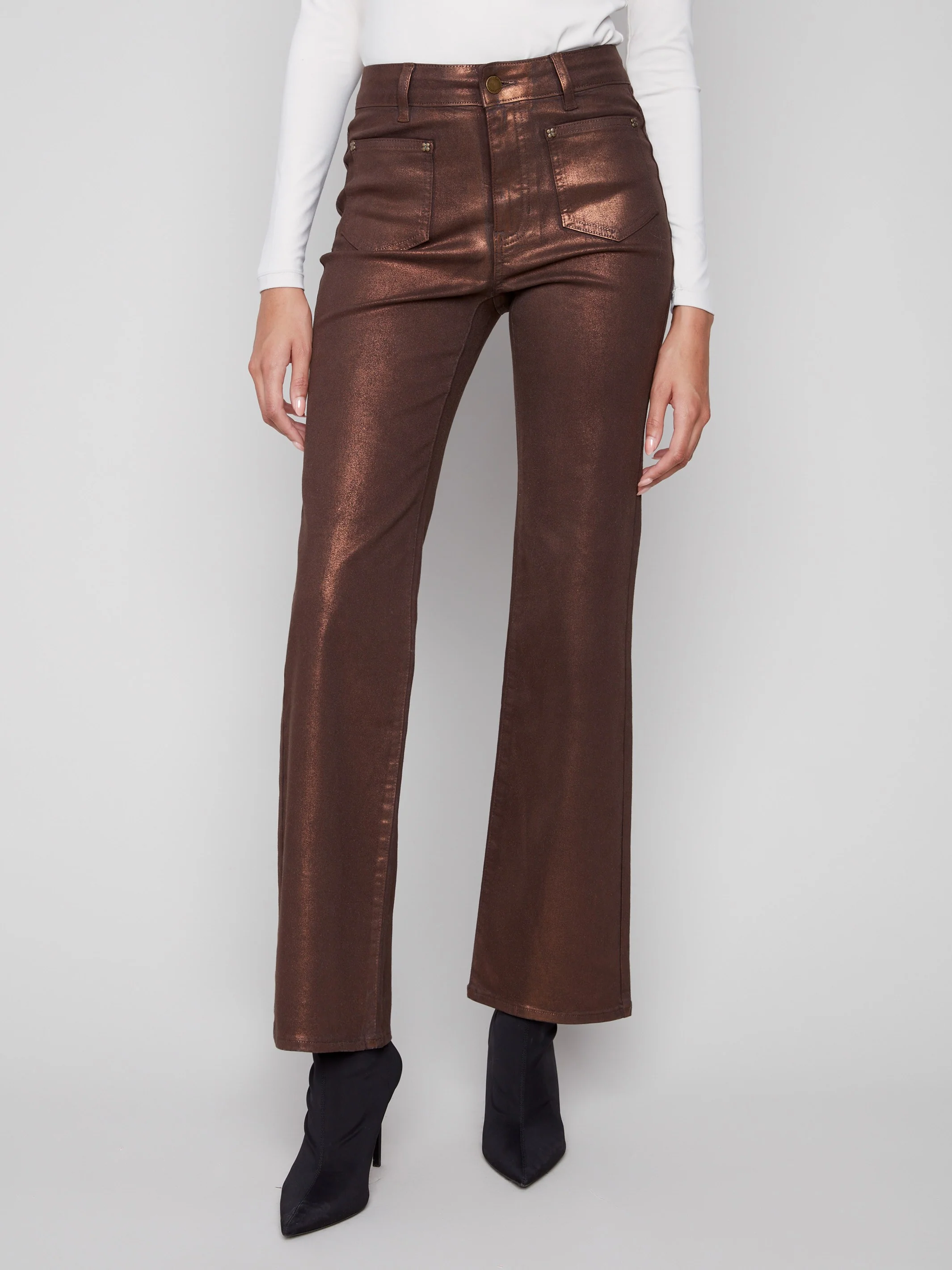 Patch Pocket Flare Metallic Twill Pants With Rivets - Bronze - WHSBYS