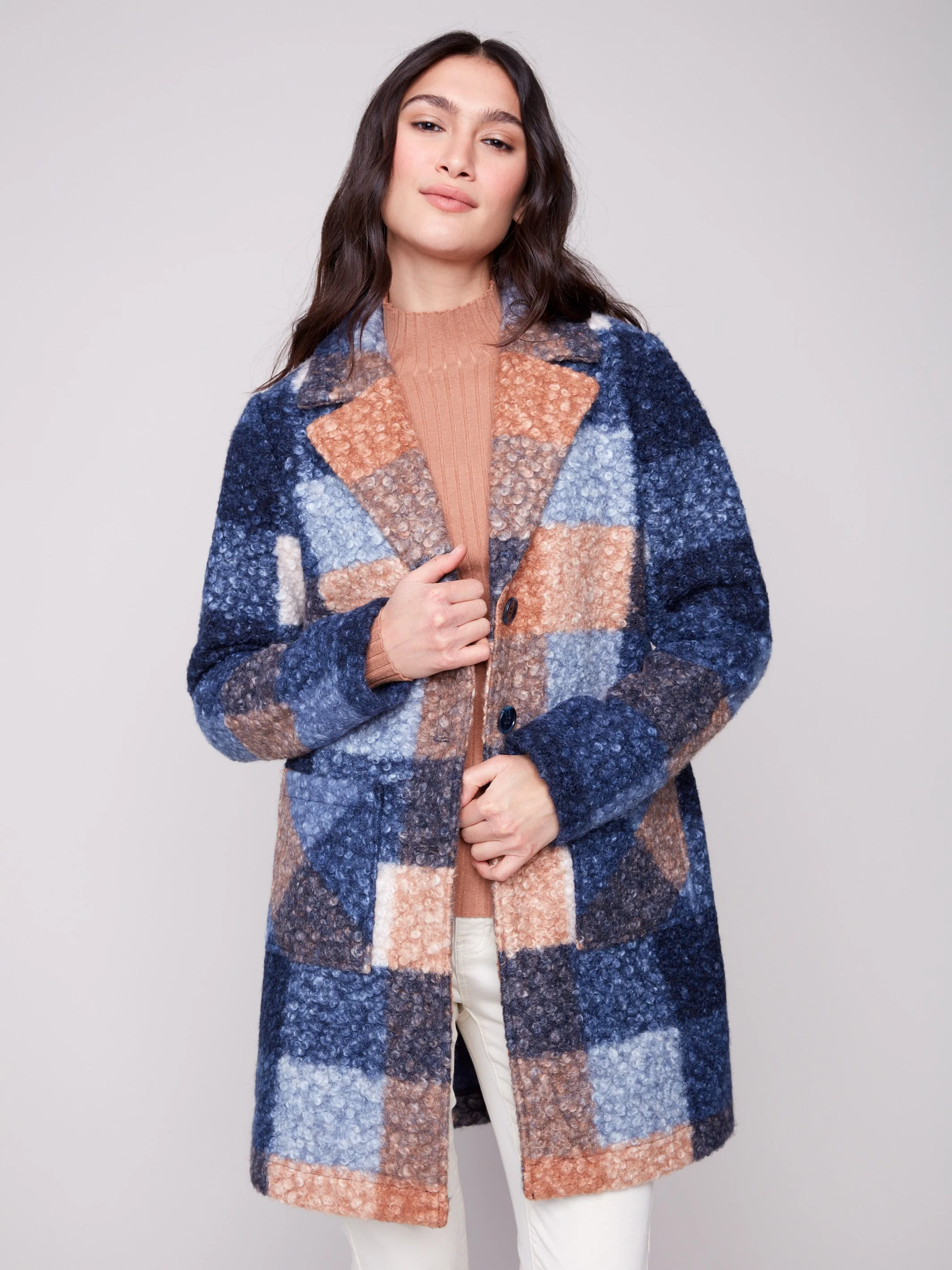 Plaid Bouclé Knit Coat - Moonlight - WHSBYS